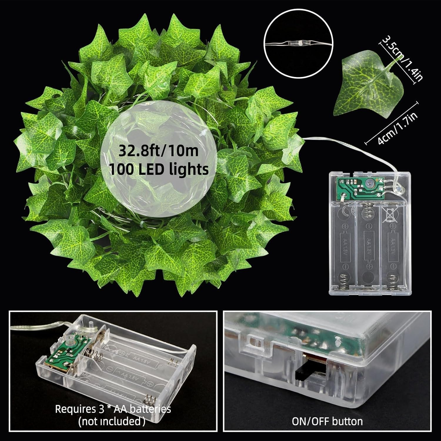 Taefuhnn 1 Pack 10M 100LED Vine Leaf Fairy String Lights Batteries Powered, Fake Green Ivy Vine Fairy String Lights for Room Home Bedroom Outdoor Indoor Curtain Garden Decor image number 3
