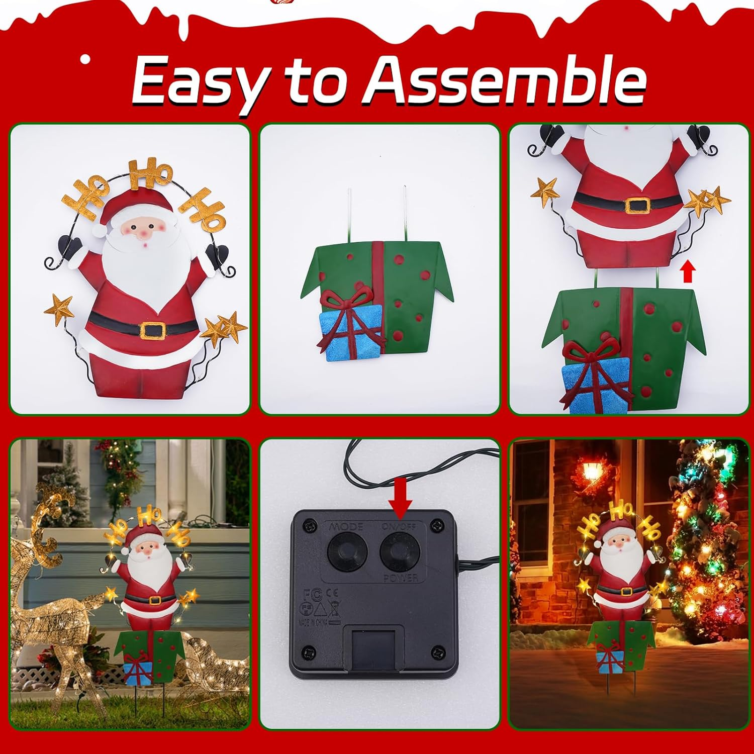 Solar Christmas Lights Outdoor Garden Stakes, 30In Metal Santa Claus Yard Signs with LED String Lights, Waterproof Christmas Decor for Xmas Lawn Pathway Patio Party Winter (Santa Claus) image number 2