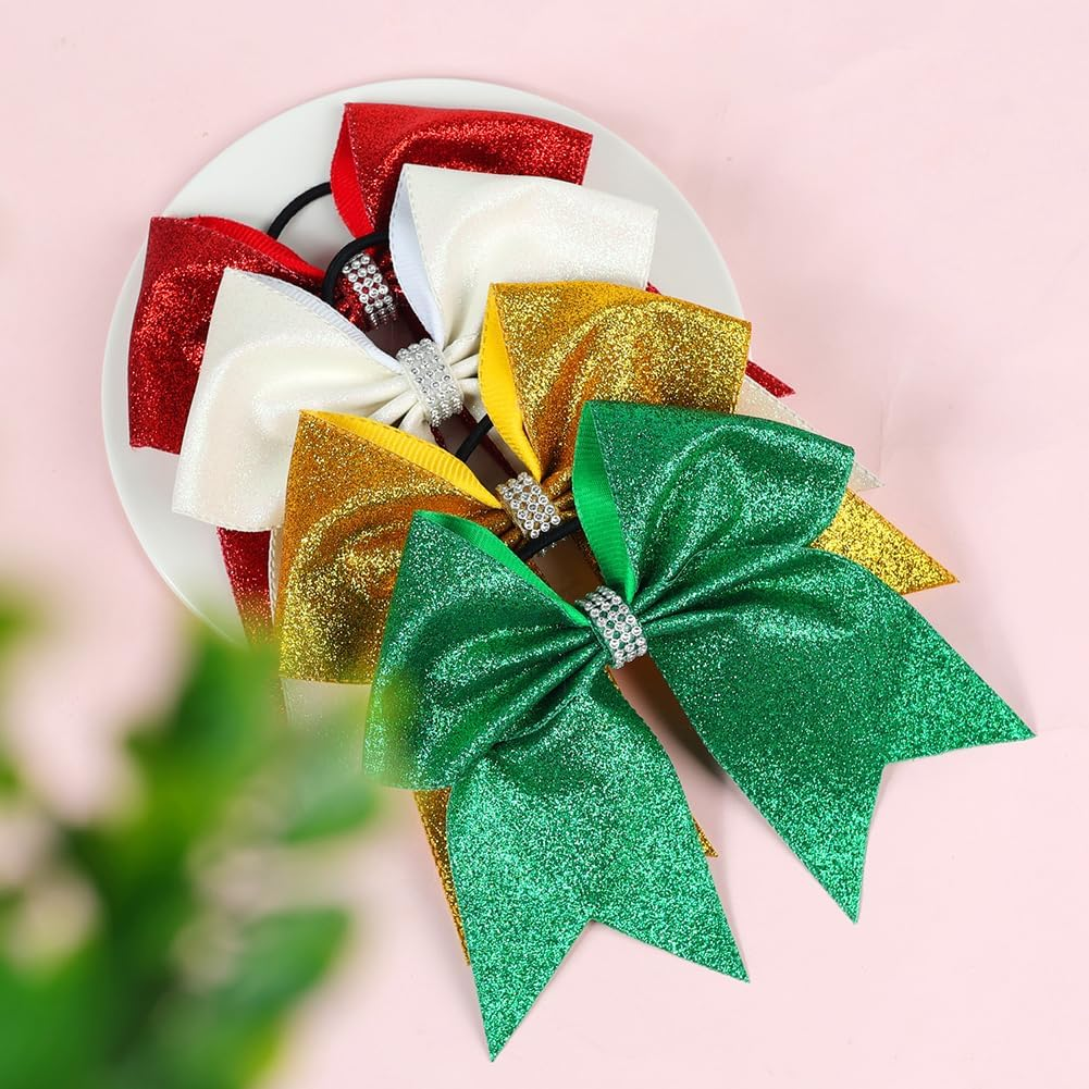 2 Pack Large Glitter Hair Bows Cheerleader Hair Ties Glitter Sequins Ponytail Holder Cheerleading Hair Ties Sports Hair Accessories Green image number 5