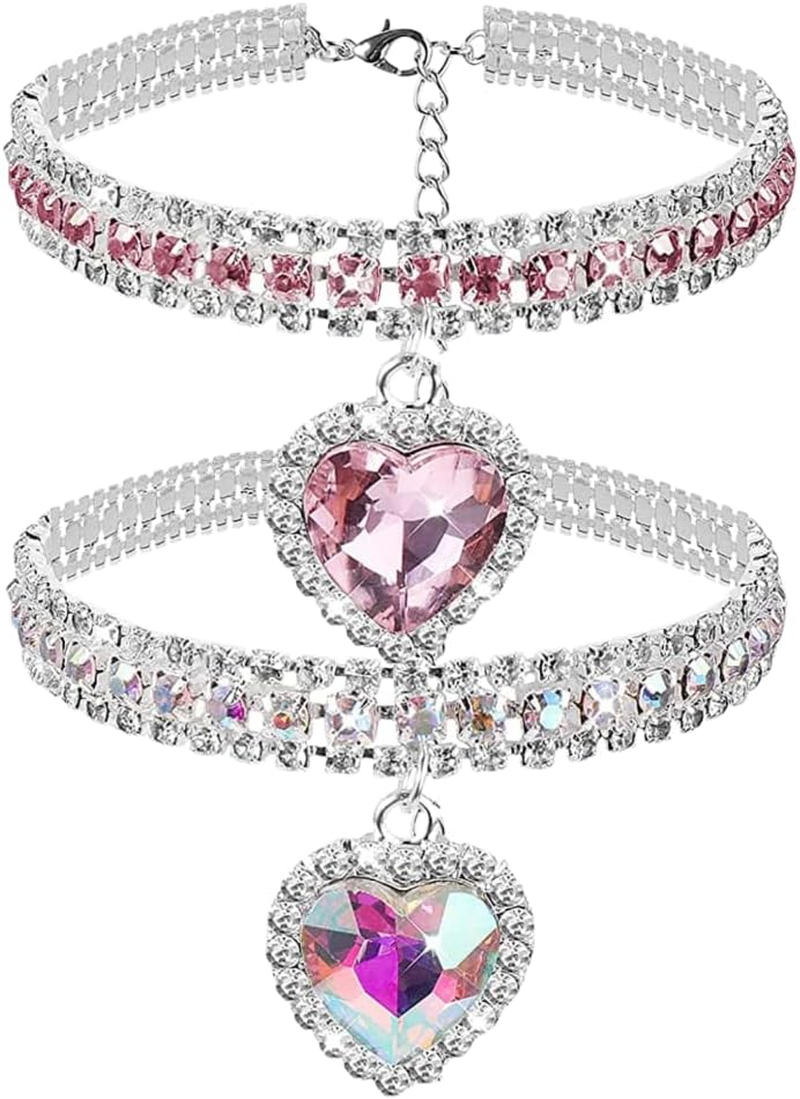 2 Pack Diamond Collar for Cat Bling Pet Dog Collar Fashion Crystal Diamond Adjustable Rhinestone Cat Necklace Cat Collars for Puppy Kitten (Heart,S) image number 2