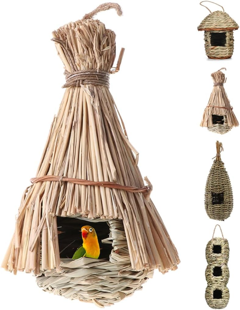 Qttie Hand-Woven Teardrop Shaped Eco-Friendly Birds Cages Nest Roosting,Grass Bird Hut,Hanging Bird House,Cozy Resting Place,100% Natural Fiber,Provides Shelter from Cold Weather (Treehouse Shape) image number 5