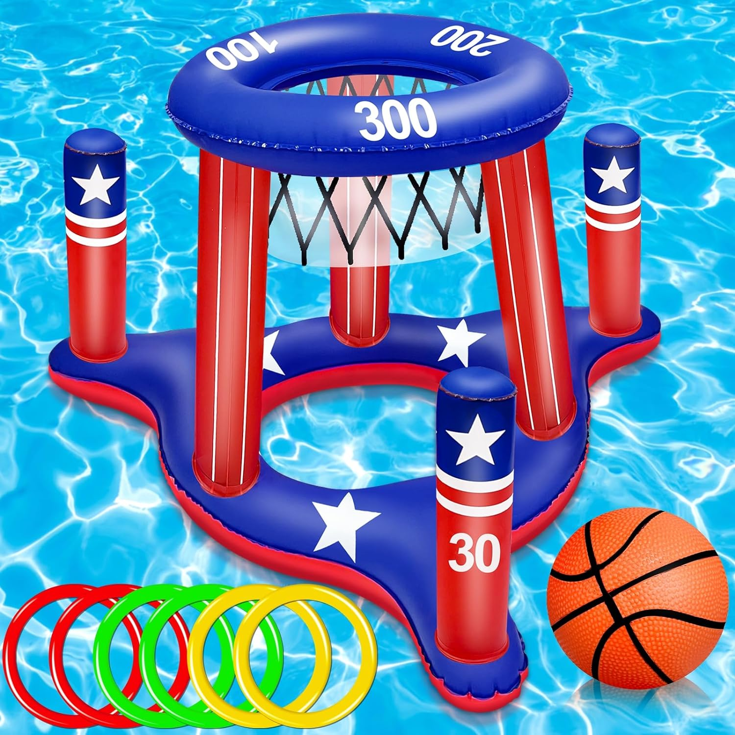 American Flag Inflatable Cross Ring Toss with Floating Basketball Hoop, 6 Rings and 1 Basketball image number 4