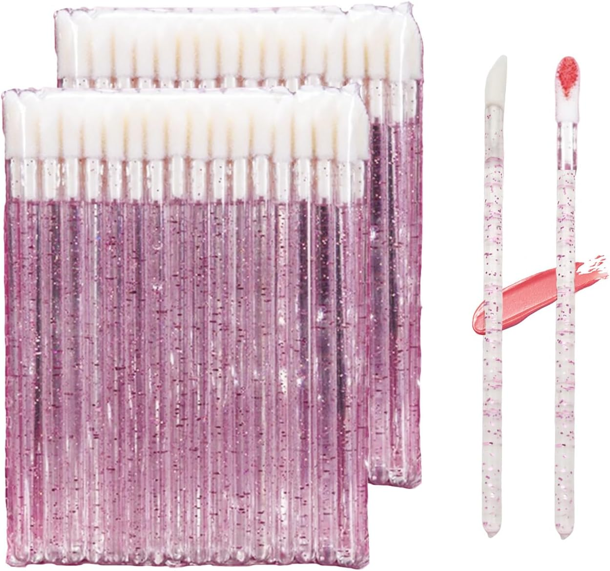 50PCS Disposable Crystal Lip Brushes - Premium Pink Lip Gloss Applicator Wands with Soft Cotton Tips, Portable Makeup Tools for Lipstick/Gloss Application