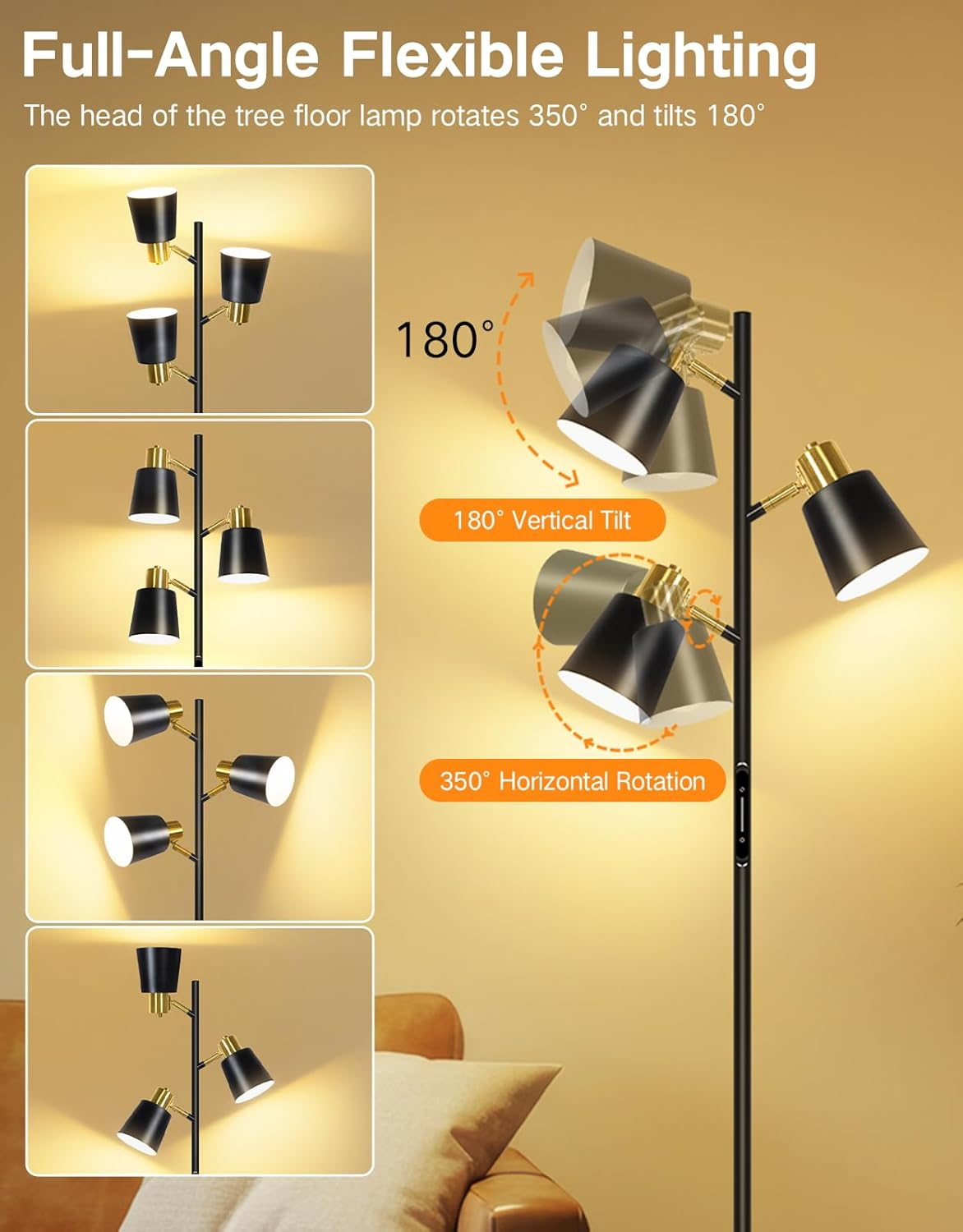 OUTON LED Tree Floor Lamp, Modern Dimmable Standing Lamp with Remote & Touch Control, 4 Color Temperatures, 3 Rotatable Industrial Floor Lamps for Living Room Bedroom Office, Black