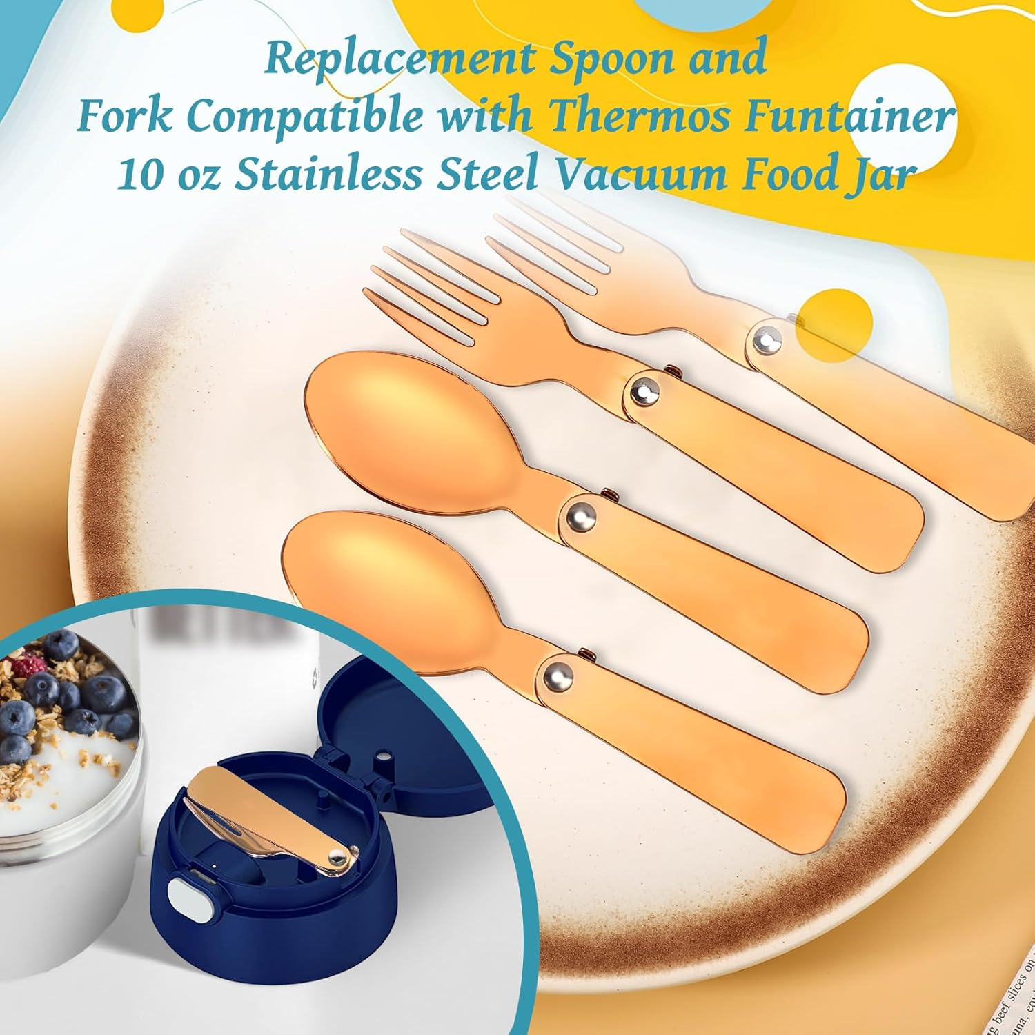 2Pcs Folding Spoons & 2Pcs Folding Forks for Thermos Funtainer 10Oz Food Jar, Stainless Steel Portable Utensil Replacement, Metal Foldable Fork, Home Kitchen Travel Camping Part Accessories(Rose Gold)