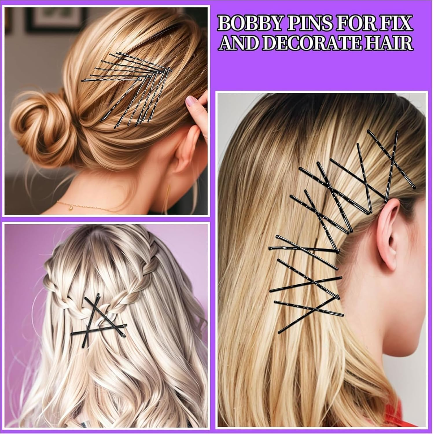 300 PCS Hair Pins Set, 100 Black Bobby Pins, 100 U-Shaped Hair Pins & 100 Clear Rubber Bands, Hairpins for Buns, French Pins, Hair Accessories for Women and Girls, Storage Case Included image number 2