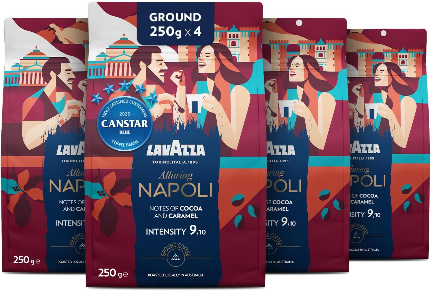 Lavazza, Tales of Italy Alluring Napoli, 1 Kg, Ground Coffee, Ideal for Moka Pot, with Notes of Cocoa and Caramel, Arabica & Robusta, Intensity 9/10, Dark Roasting, Roasted in Australia, 4 X 250G image number 6