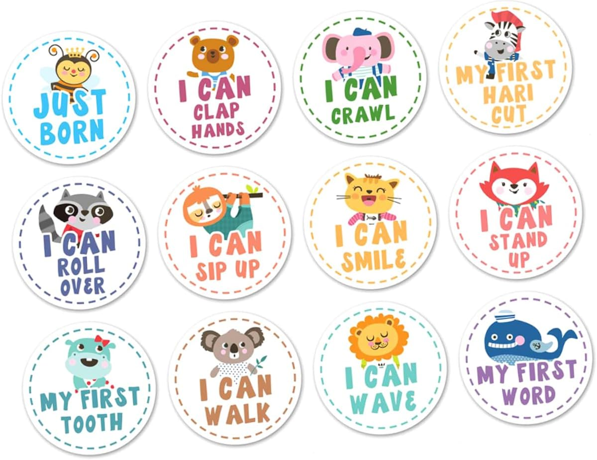 TEHAUX 24Pcs Milestone Sticker Set Adorable Animal Month Stickers for Newborns Creative Milestone Announcement Cards Reusable Design for Monthly Photo Album and Social Media Sharing image number 4