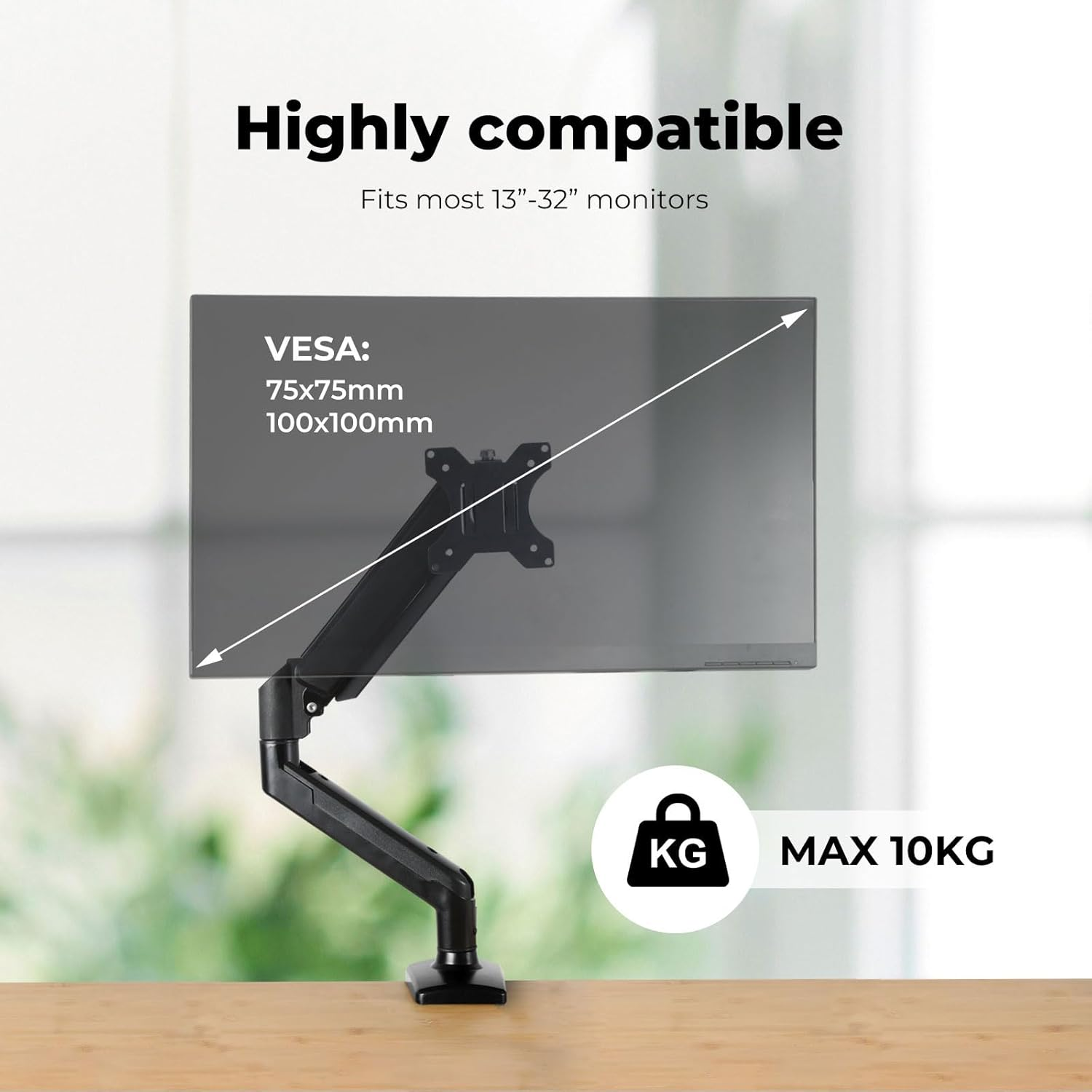 Single Monitor Stand Monitor Arm Desk Mount Height Adjustable, C Stand Fits Screens 13 to 32 Inches, Holds 10Kg, 360 Rotation Swivel, Premium Gas Spring, Universal VESA 75X75Mm or 100X100Mm image number 1