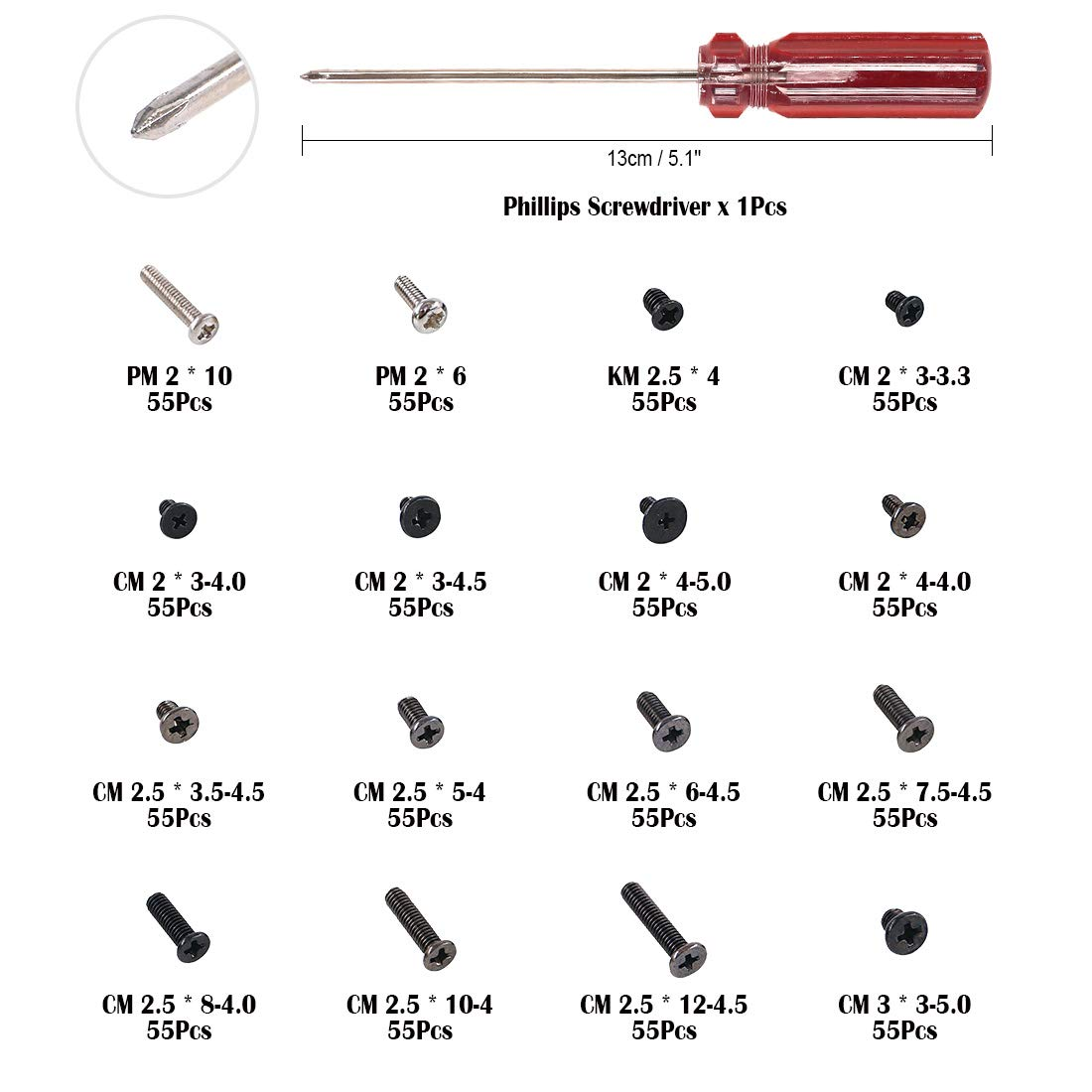 Glarks 880Pcs Laptop Notebook Computer Screw Replacement Repair Kit for Lenovo Dell Toshiba Sony Samsung HP Gateway (Extra: Phillips Screwdriver)
