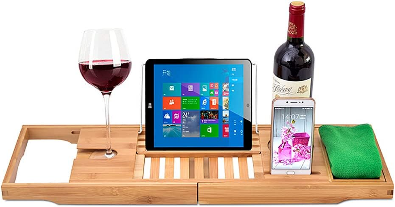 100% Natural Bamboo Bath Caddy Bridge &ndash; Extendable Bath Caddy Tray for Tub with ​Wine Glass Holder, Tablet, Kindle image number 4