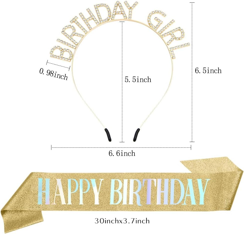 Birthday Sash and Crown, Girl Headband Tiara Rhinestone, Happy Birthday Sash, Glitter Golden Yellow Accessories Set, Party Decorations, Supplies Stuff Gifts for Girls Princess Queen Women Adult Woman image number 6