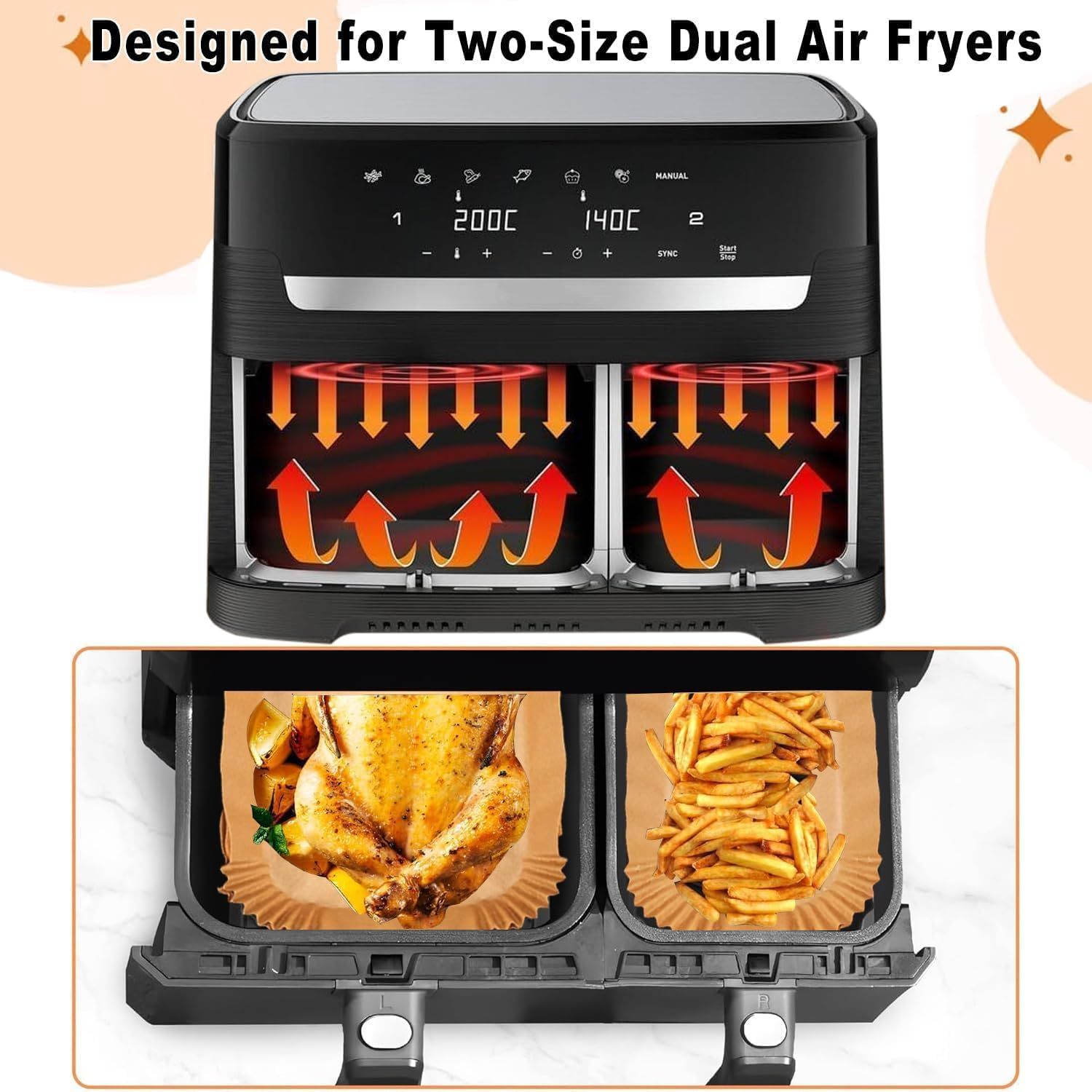 Pack of 100 Baking Paper for Tefal EY9018 Dual Easy Fry EY905D 5.2/3.1 L, Baking Paper for Hot Air Fryer Philips Dual Basket Airfryer 3000 Series, Moulinex 8.3 L, DMS, Cecotec, Air Fryer Accessories image number 3