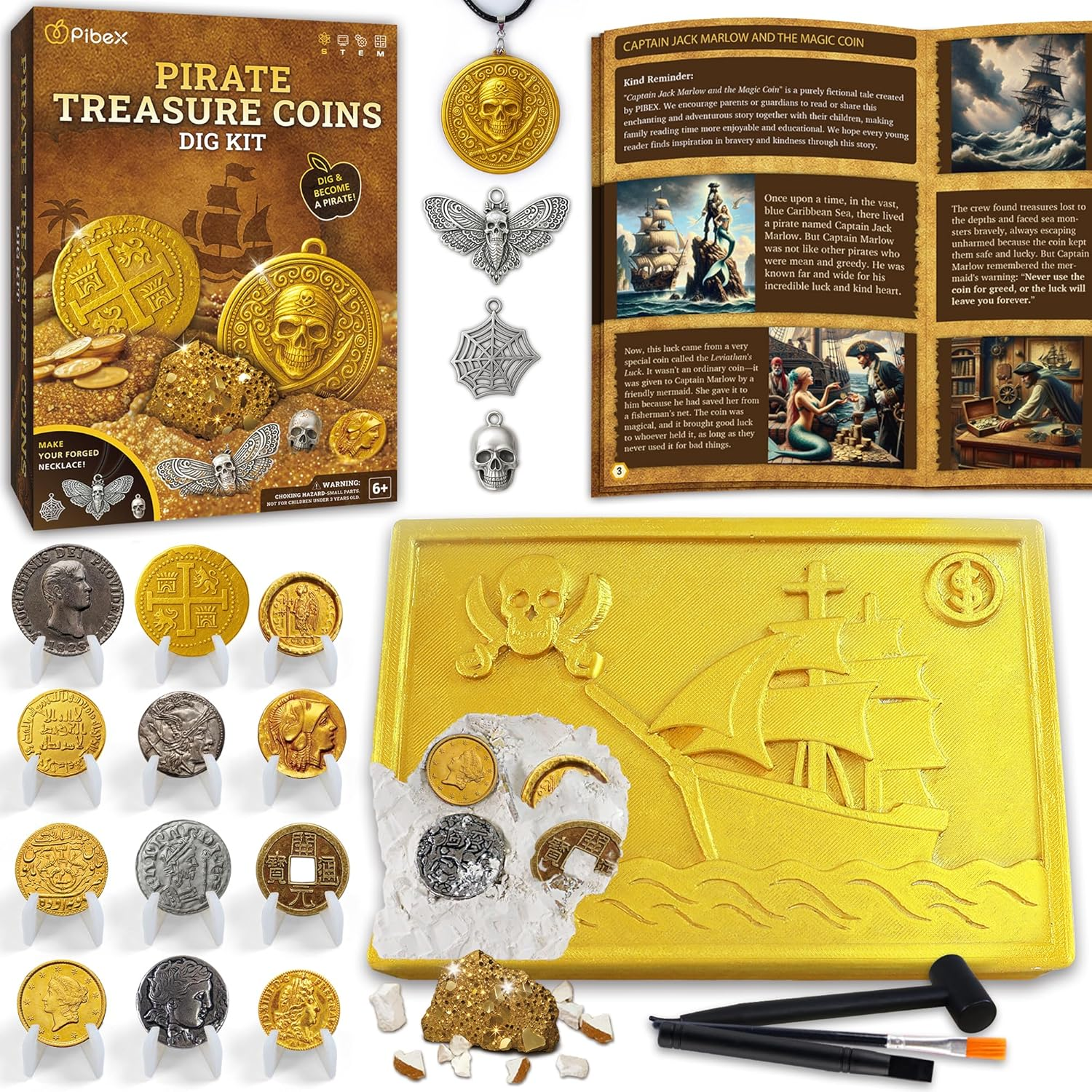 PIBEX Pirate Treasure Coins Dig Kit &ndash; Dig & Collect 16+ Ancient Metal Coin Replicas, Fool&rsquo;S Gold & Pirate Charms &ndash; STEM Archaeology & Necklace Making Kit, Coin Collecting Gift Toy for Kids Ages 6+ image number 3