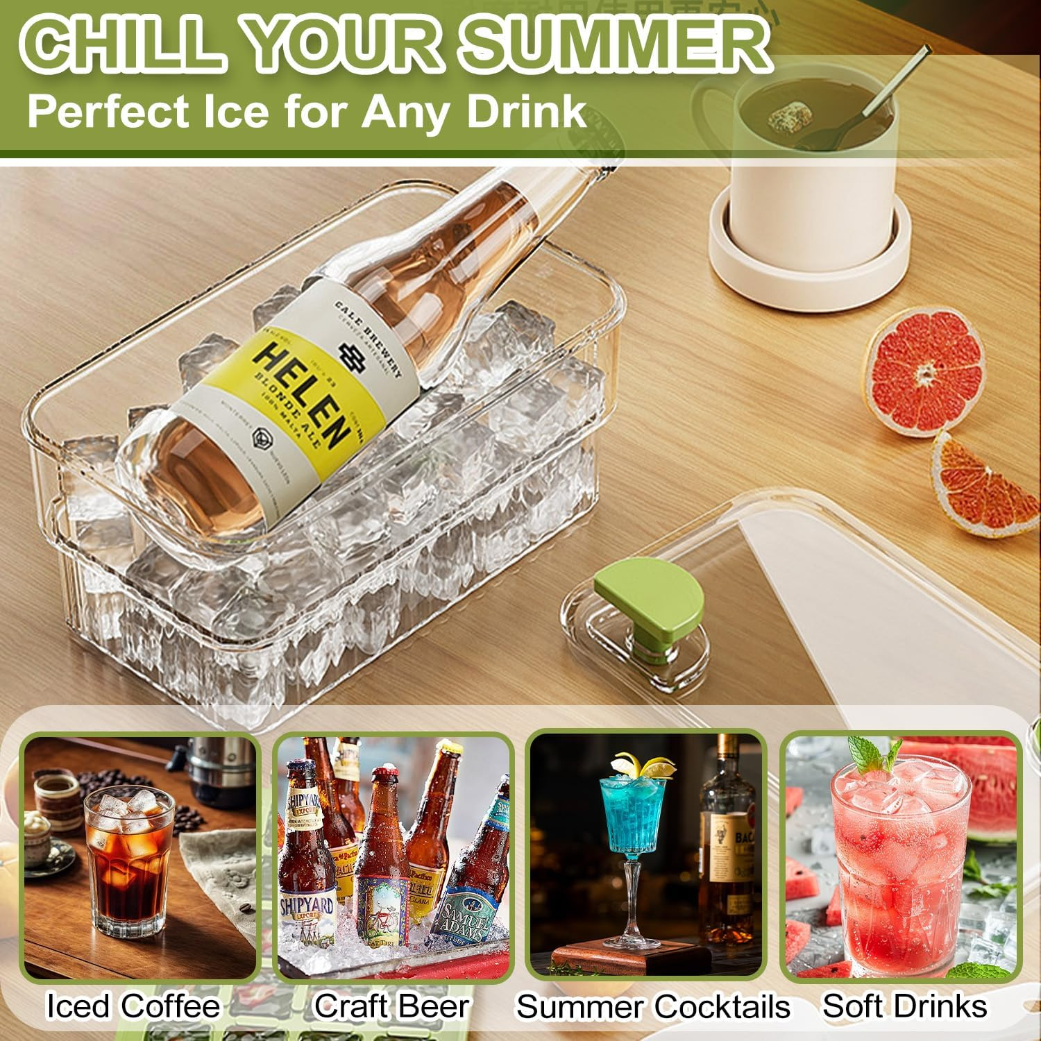 84-Piece Ice Cube Tray with Lid & Bin, WEKUBA 2026 Upgraded One-Button Release Ice Cube Trays, with Ice Scoop, for Frozen Food, Drinks, Coffee,Fruit, Whiskey,Cocktails,Juice and Ice Cream，Green image number 5