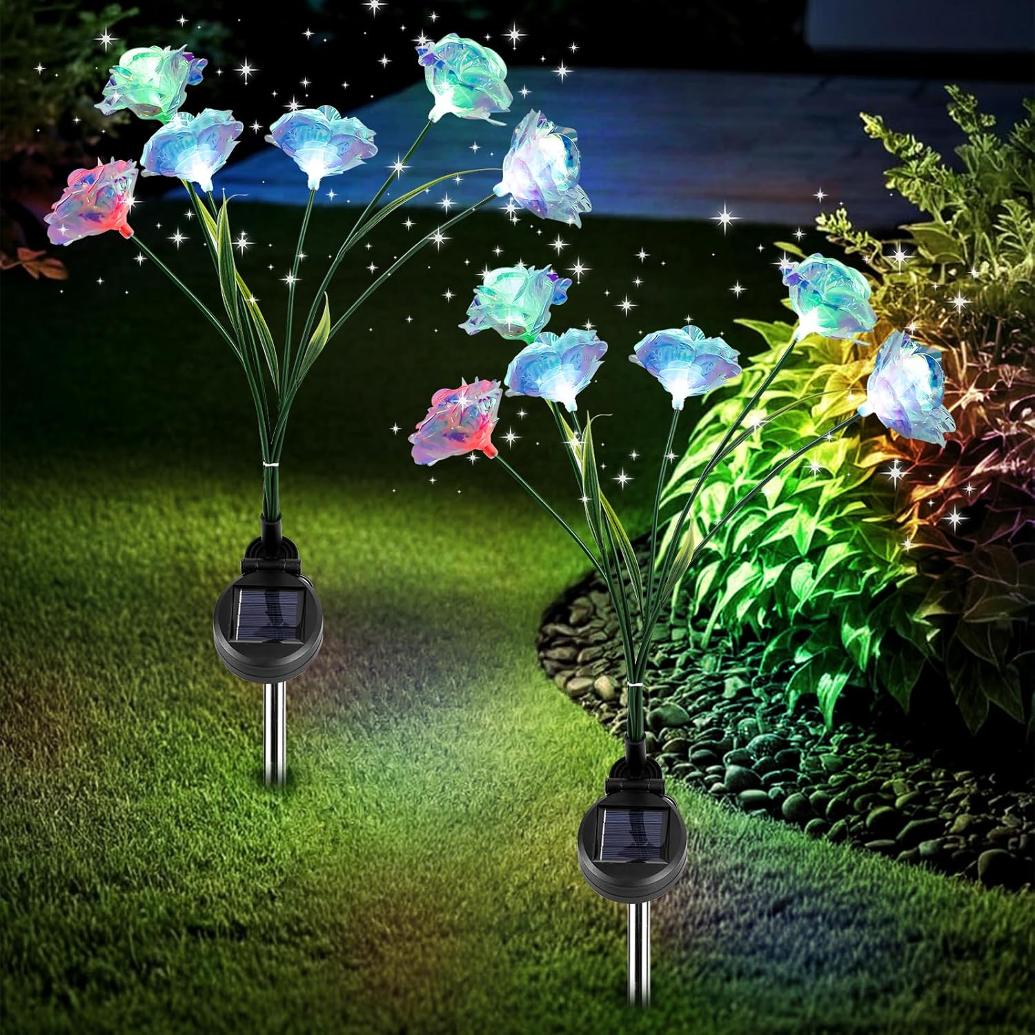 Pack of 2 LED Solar Lights Flower, Rose Petal Solar Garden Lights for Outdoor Garden, IP65 Waterproof Swinging Solar Garden Lights for Yard, Patio, Walkway Decoration image number 3