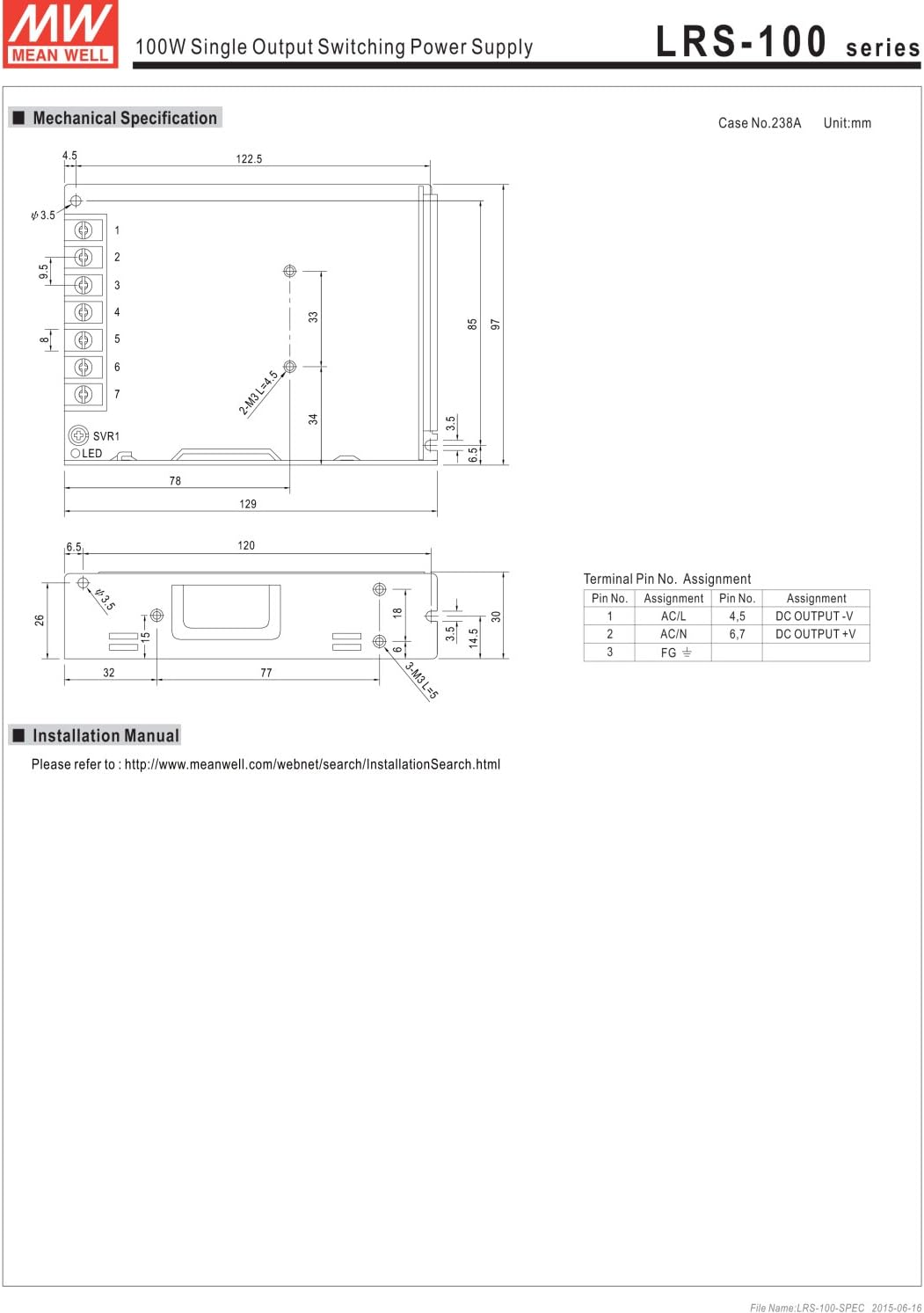 Mean Well LRS-100-5 AC Power Supply Block, Closed 18A 90W 5V/DC
