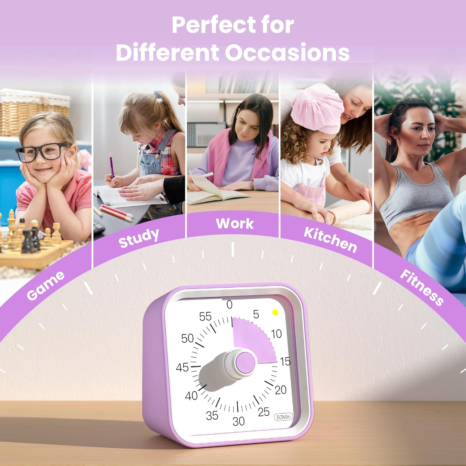Visual Timer with Pause Function for Kids and Adults, Productivity Timer for Study, Teaching, Kitchen Cooking, Office Meetings, Time Management for ADHD (Purple) - Blue image number 6