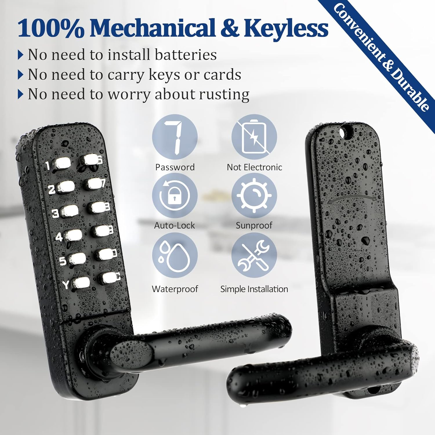 CODACE Mechanical Keyless Entry Door Lock with Keypad Door Knob, Waterproof Keypads Deadbolt Door Lock with Handle, Stainless Steel Digital Outdoor Gate Combination Door Locks Set with Keypads (Black) image number 4