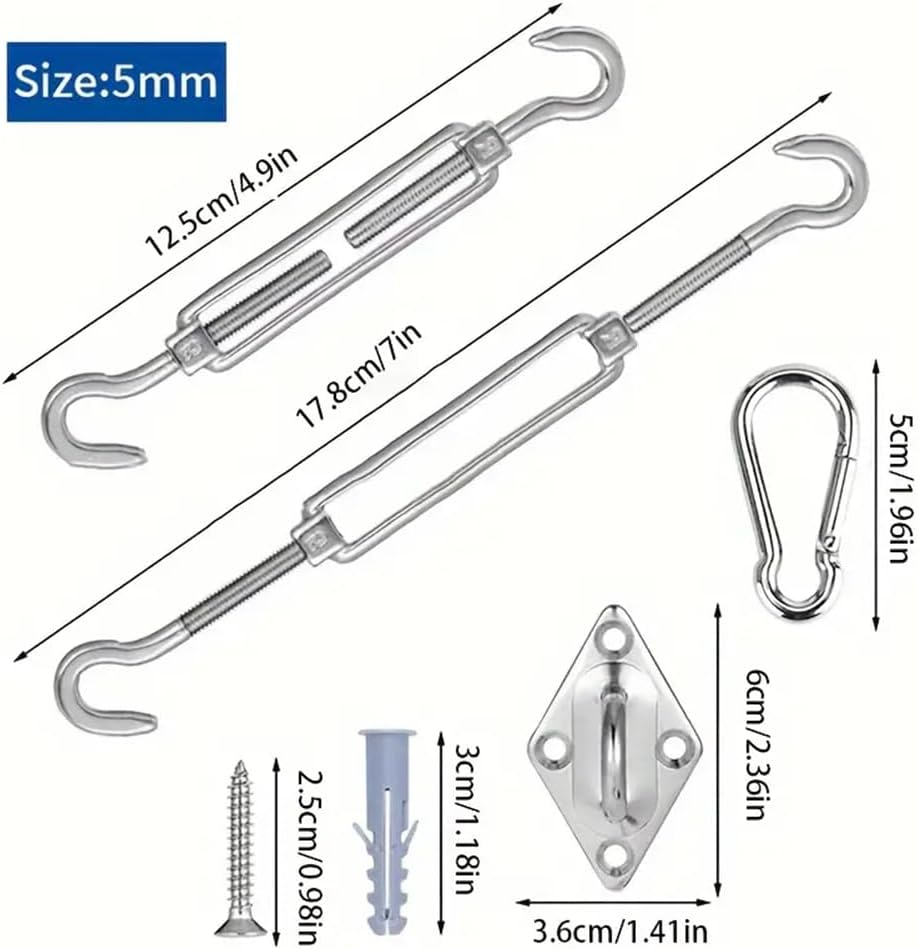Sun Shade Sail Hardware Kit with Cable Wire Rope for Rectangle Square Triangle Shade Sail Installation, 304 Grade Stainless for Garden,Outdoors,Diy Crafts,Heavy Duty Awning Attachment Set image number 1