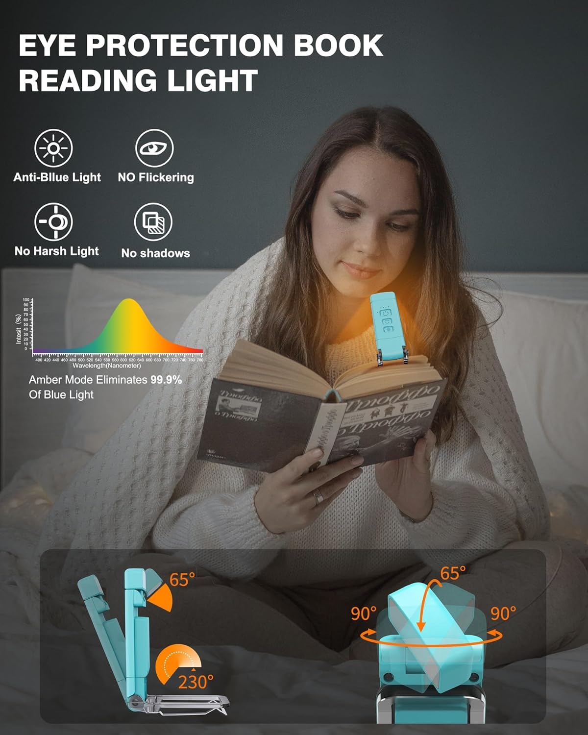 LUOLED 2-Pack Reading Light with 6 Bookmark, Rechargeable, Portable, Clamp Base, 30/60 Minutes Timer, 3 Color Modes & 5 Brightness Adjustments, Eye Care, Blue, Plastic image number 4