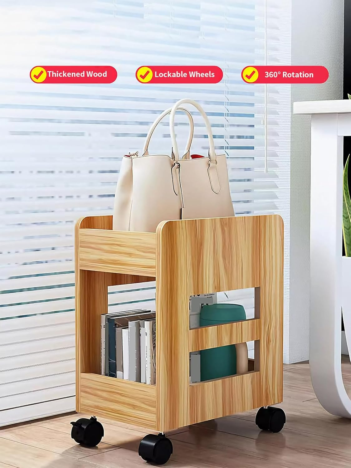 Rolling Storage Cart on Wheels, 2-Tier Wooden Book Cart Rolling Organizer, Utility Organizer, Multi-Functional Movable Trolley Bookshelf image number 6