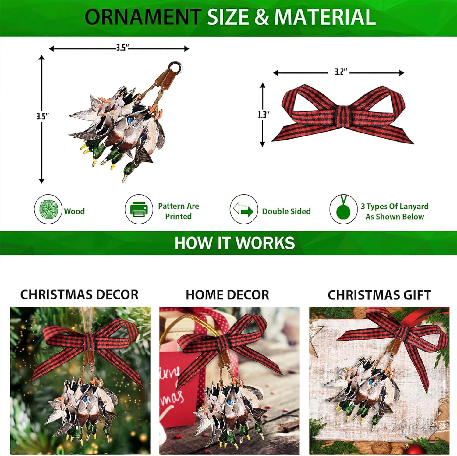 Talataca Duck Hunting 2D Flat Wooden Christmas Ornament, Mallard Duck Hunting Pine Tree Decor, Hanging House Charm Eve Keepsake, Wood Car Mirror Accessories, Xmas Gift, Xmas Gift image number 3