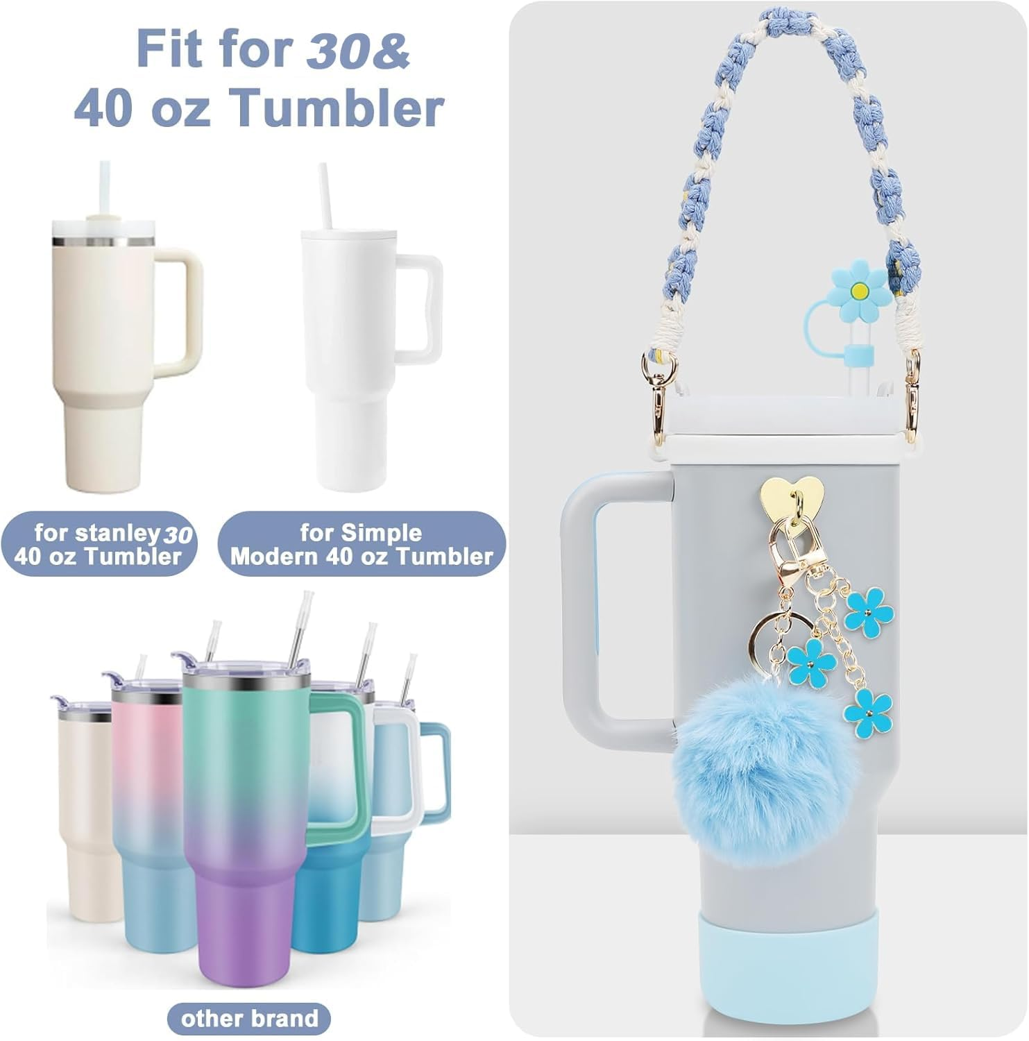 Stanley Cup Accessories Set, Stanley Accessories Including 2 Handle Carrier Straps, Siliocne Stanley Cup Boot, Siliocne Straw Cover, 2Stanley Charms for Stanley Cup 40Oz & 30Oz Tumbler- Blue image number 3