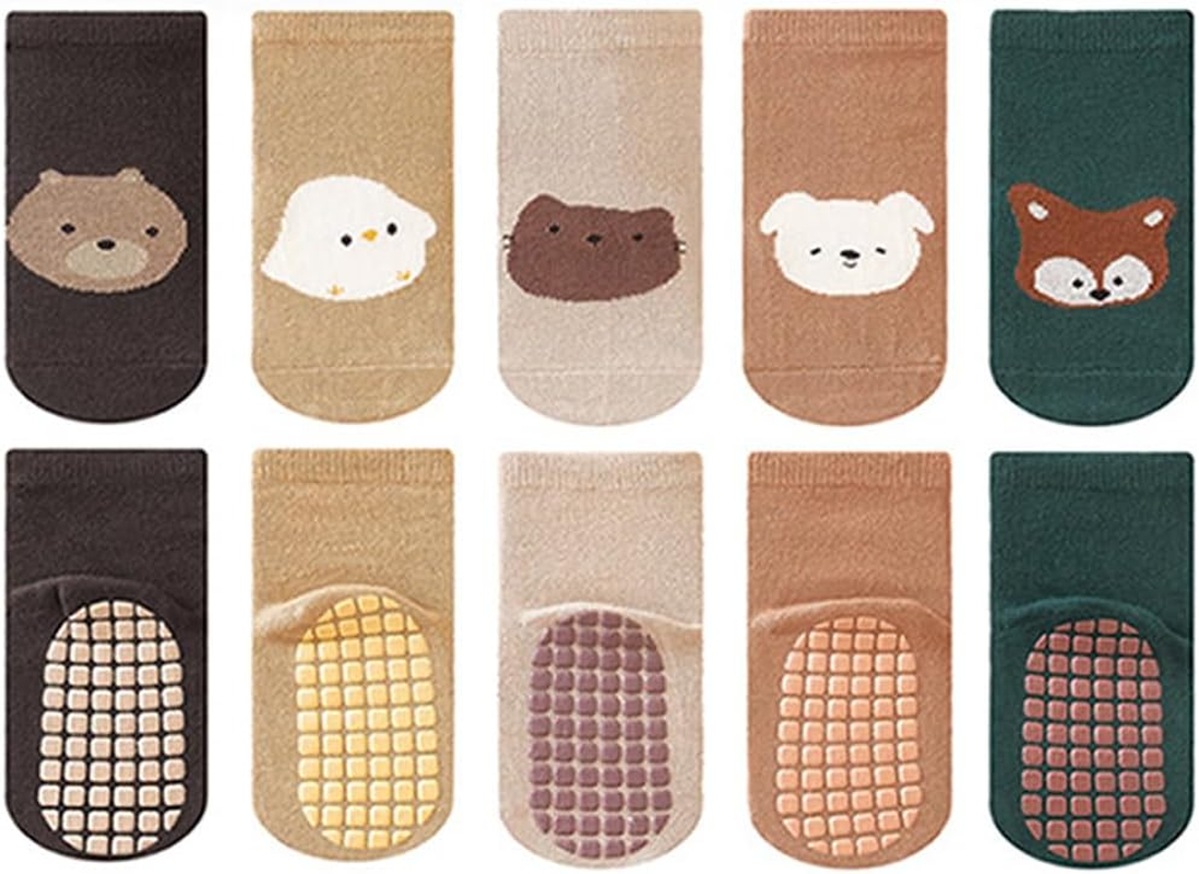 Reelau [5 Pairs] Baby anti Slip Grip Socks, for 1-5 Years' Kids Cotton Socks with Grips Unisex Non Slip Grip Socks Baby Floor Crawling Ankle Sock image number 4