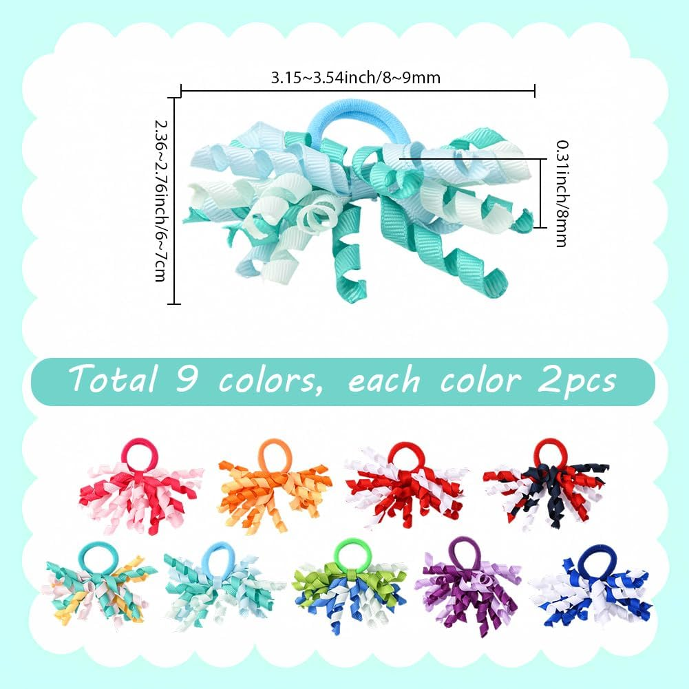 SOFPLATE Pack of 18 9 Colours Curling Bands Hair Bows Colourful Hair Bands Bows Rainbow Corker Elastic Polyester Bow Boutique Curls Ponytail Holder Accessories for Short Long Hairstyle DIY Decoration image number 4