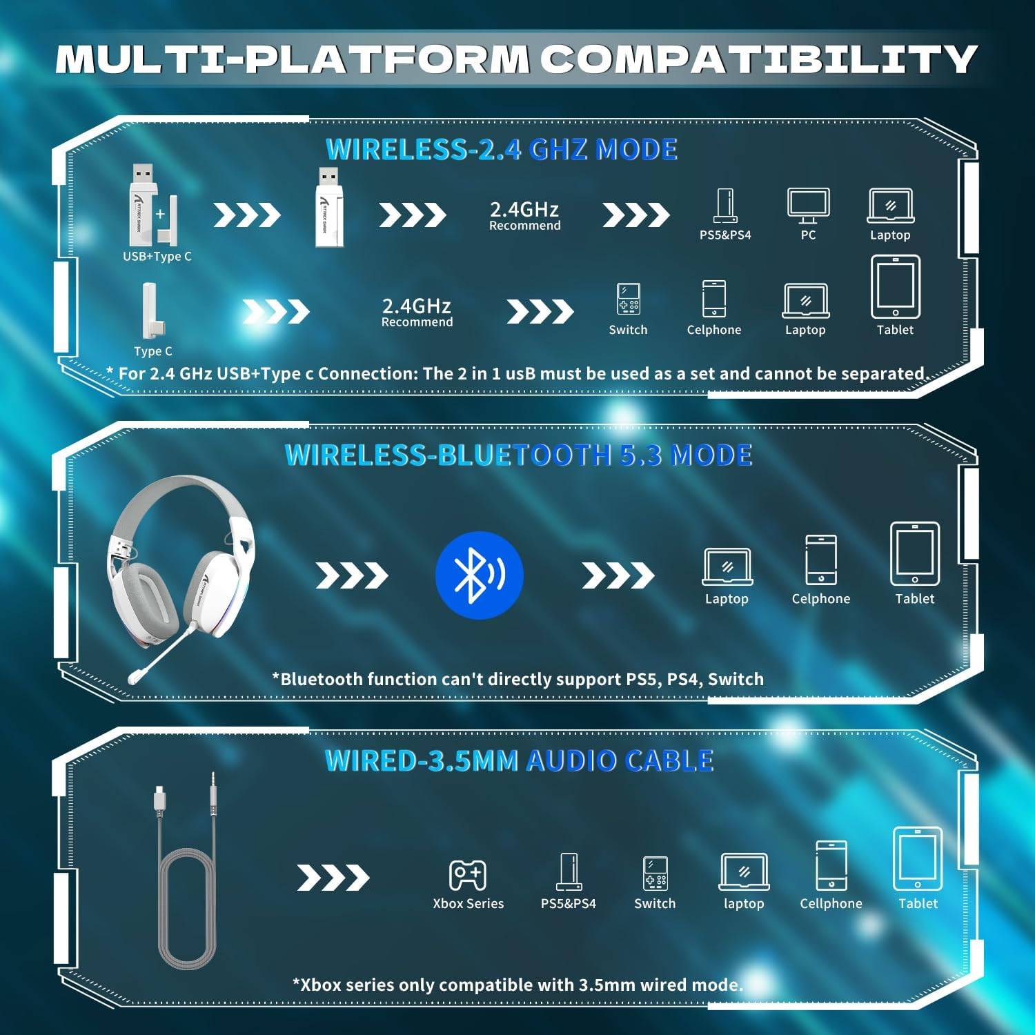 MAMBASNAKE X Attack Shark L90 Flodable Ultra-Light Wireless Gaming Headset, 7.1 Surround Sound, Bt5.3/2.4Ghz/Wired, RGB, 40Mm Neodymium Drivers,Pluggable Microphone, for Pc/Ps4/Ps5/Switch-White image number 4