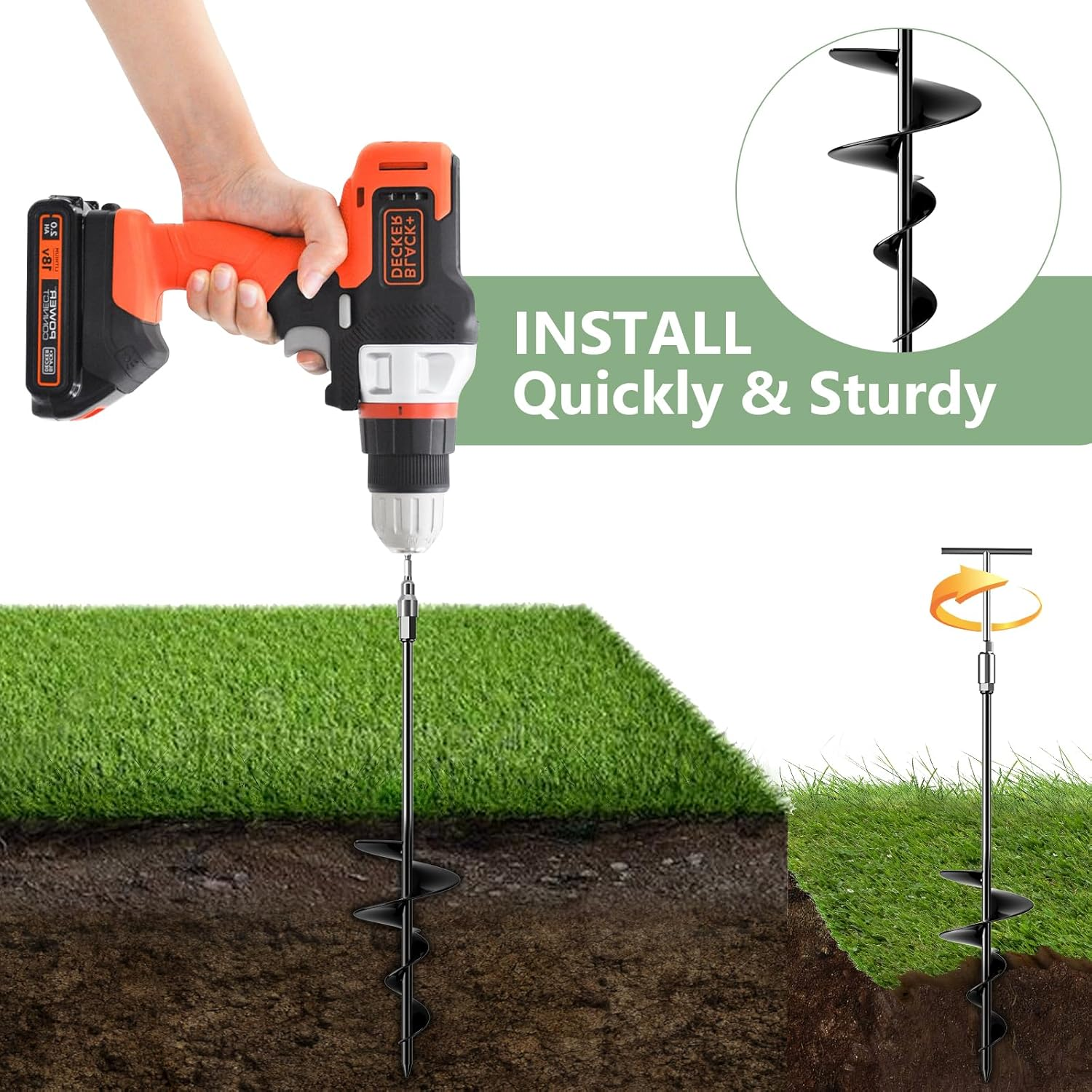 18" Long Ground Anchor, Heavy Duty Earth Anchors 18 Inch Ground Anchors Screw in Kit with T-Handle Hex Wrench for Camping Tent, Swing Sets, Securing Animals, Sheds, Trampoline(4 Pcs) (Black) image number 6