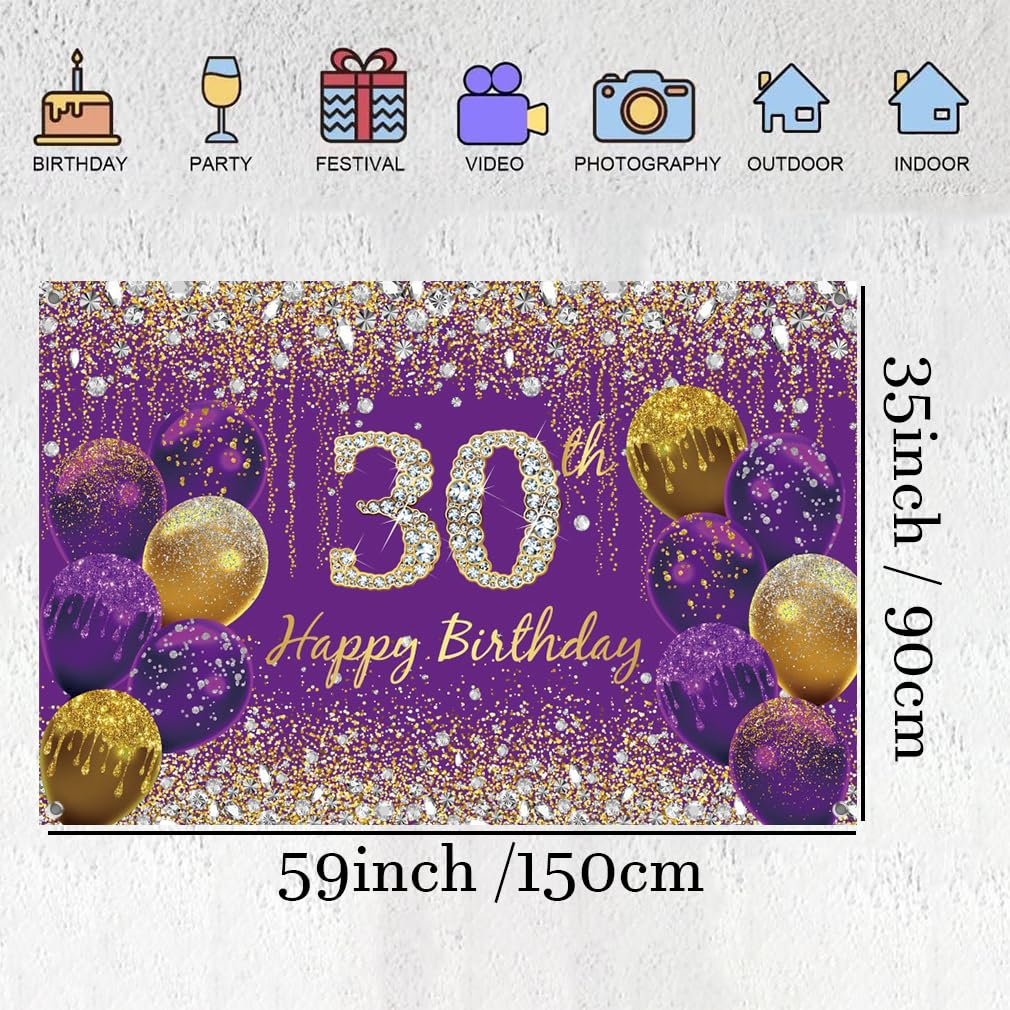30Th Birthday Decoration Women, Purple Fabric Happy Birthday Sign Poster, Birthday Party Decoration, 30Th Birthday Background Banner Women, 30Th Birthday Party Backdrop, 59''X35.4'' image number 1