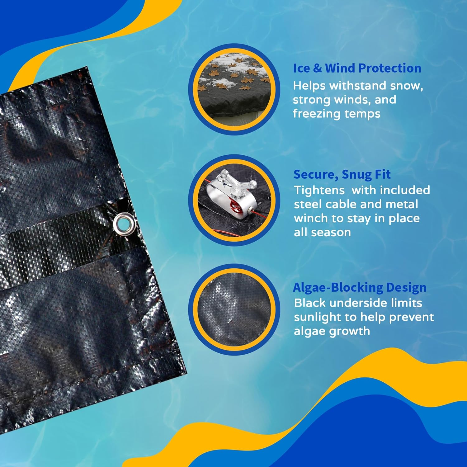 Blue Wave Bronze 8-Year 12 Ft X 20 Ft Oval above Ground Pool Cover for Winter&ndash; Durable & Weather-Resistant Polyethylene &ndash; 4 Ft Overlap, Black Underside, Reinforced Grommets, Winch, Cable &ndash; Navy Blue image number 4