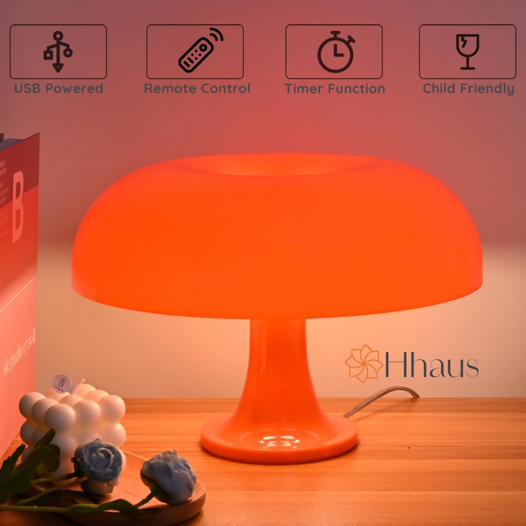 Funky LED Mushroom Lamp (Orange) | Cute Night Light for Kids | USB Retro Living Room Lamp | Remote Controlled | Auto Timer | Relaxing Ambience and Mood Lighting | Living Room Home Decor Lighting image number 6