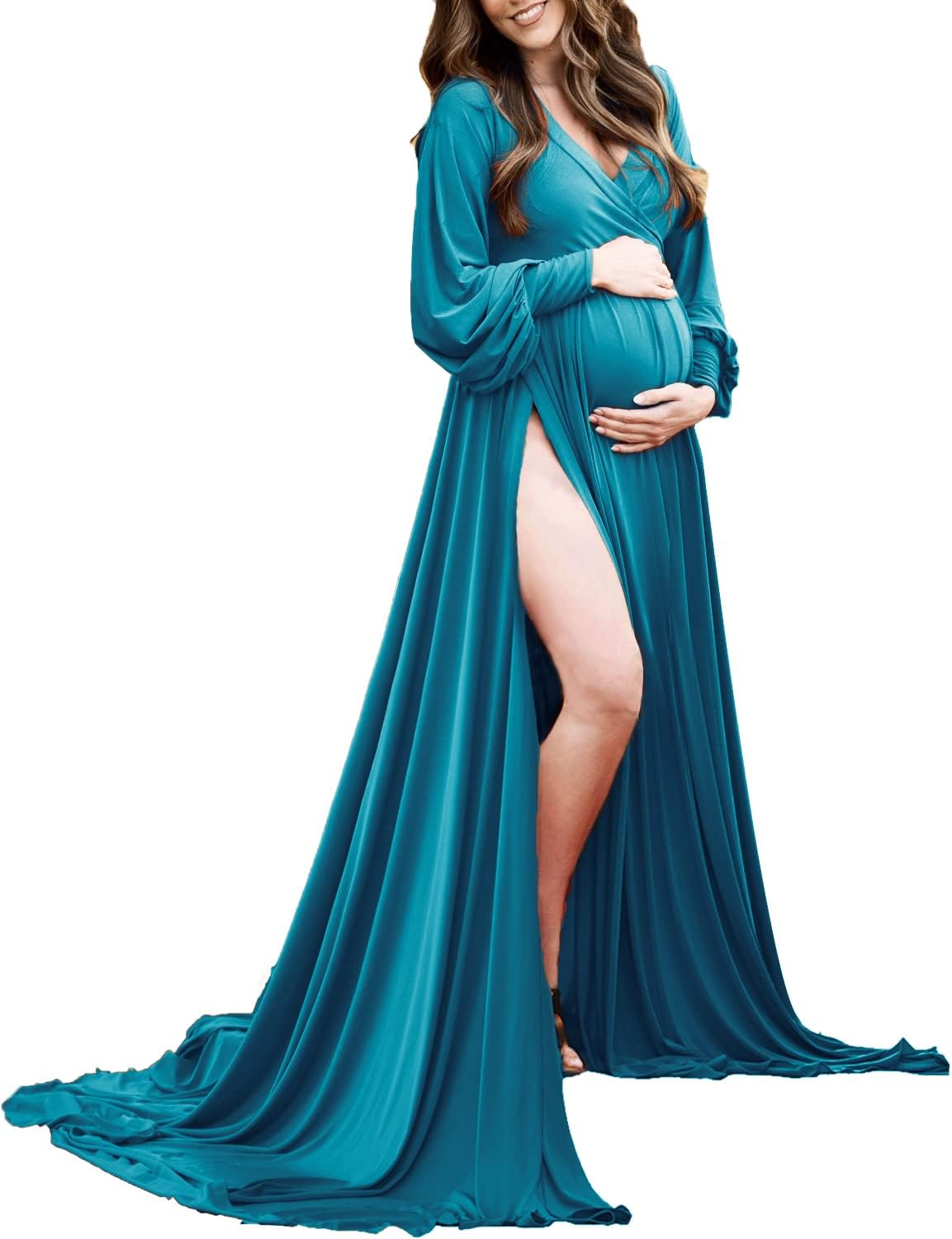 Choiyubella Maternity Gown Bishop Sleeves Baby Shower Dress Wrap Side Slit Sweetheart Maxi Photo Shoot for Photography