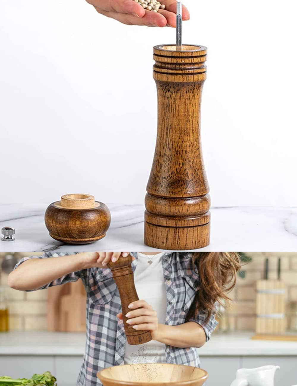 2 Pack Wooden Salt and Pepper Grinders with Cleaning Brush and Spoon, 20.3Cm/8Inch Refillable Manual Spice Grinder Mills Set, Kitchen Hand Peppercorn Shakers Mills with Adjustable Coarseness image number 4