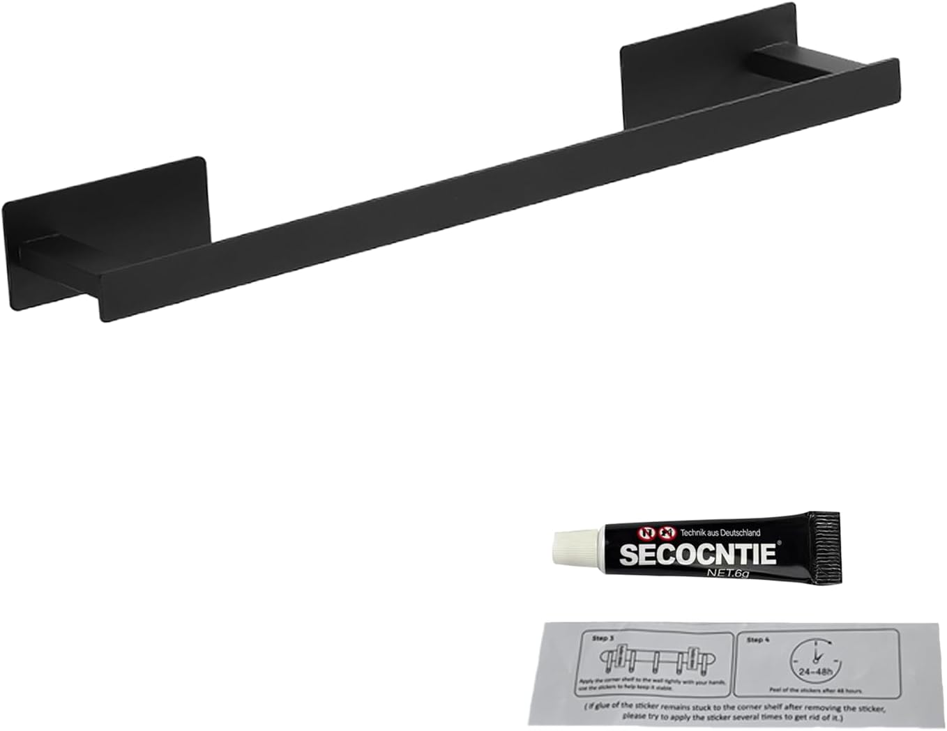 Breikuth Adhesive Towel Rail Black No Drill Bathroom Towel Rack Bath Towel Holder Square Wall Mount Stainless Steel (Black) - Brushed Stainless Steel image number 7