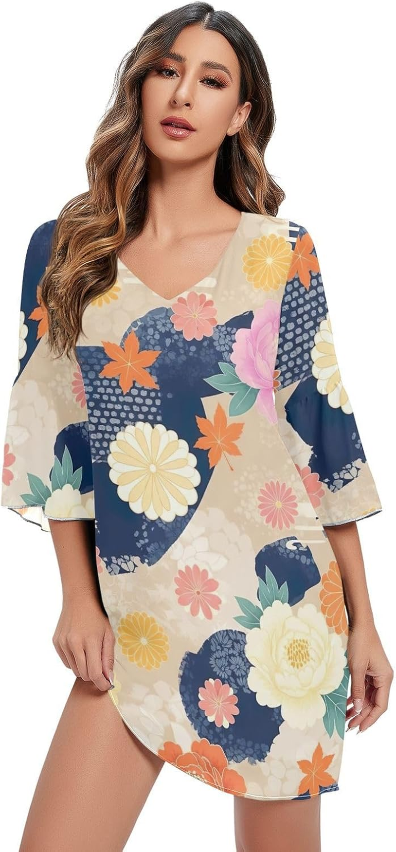 Japanese Florals Peonies V Neck Line Dress Printed Line Maternity Dress image number 1