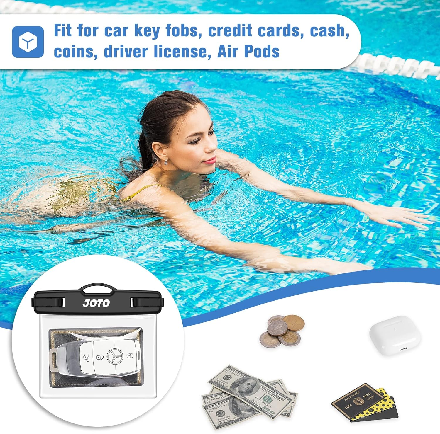 JOTO 2 Pack Waterproof Car Key FOB Case with Lanyard for Swimming Surfing, Small Waterproof Wallet Dry Bag for Money Credit ID Card Cash Coins -Black image number 5