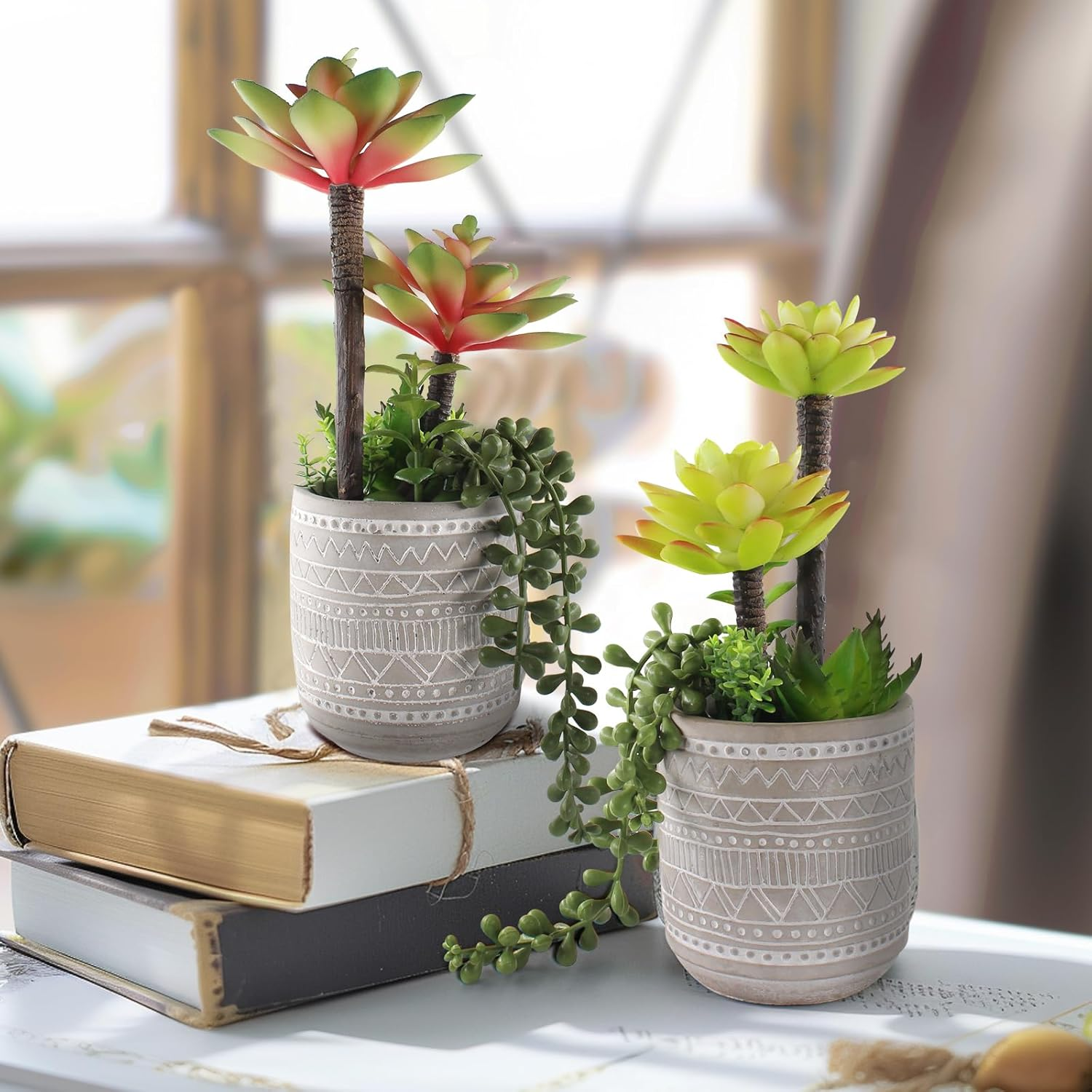 Artificial Succulents 11.4 Inch Realistic Textured Fake Succulents Faux Green Plants Aloe String of Pearls Potted Ceramic Plant for Home Decor Table Centerpiece image number 2