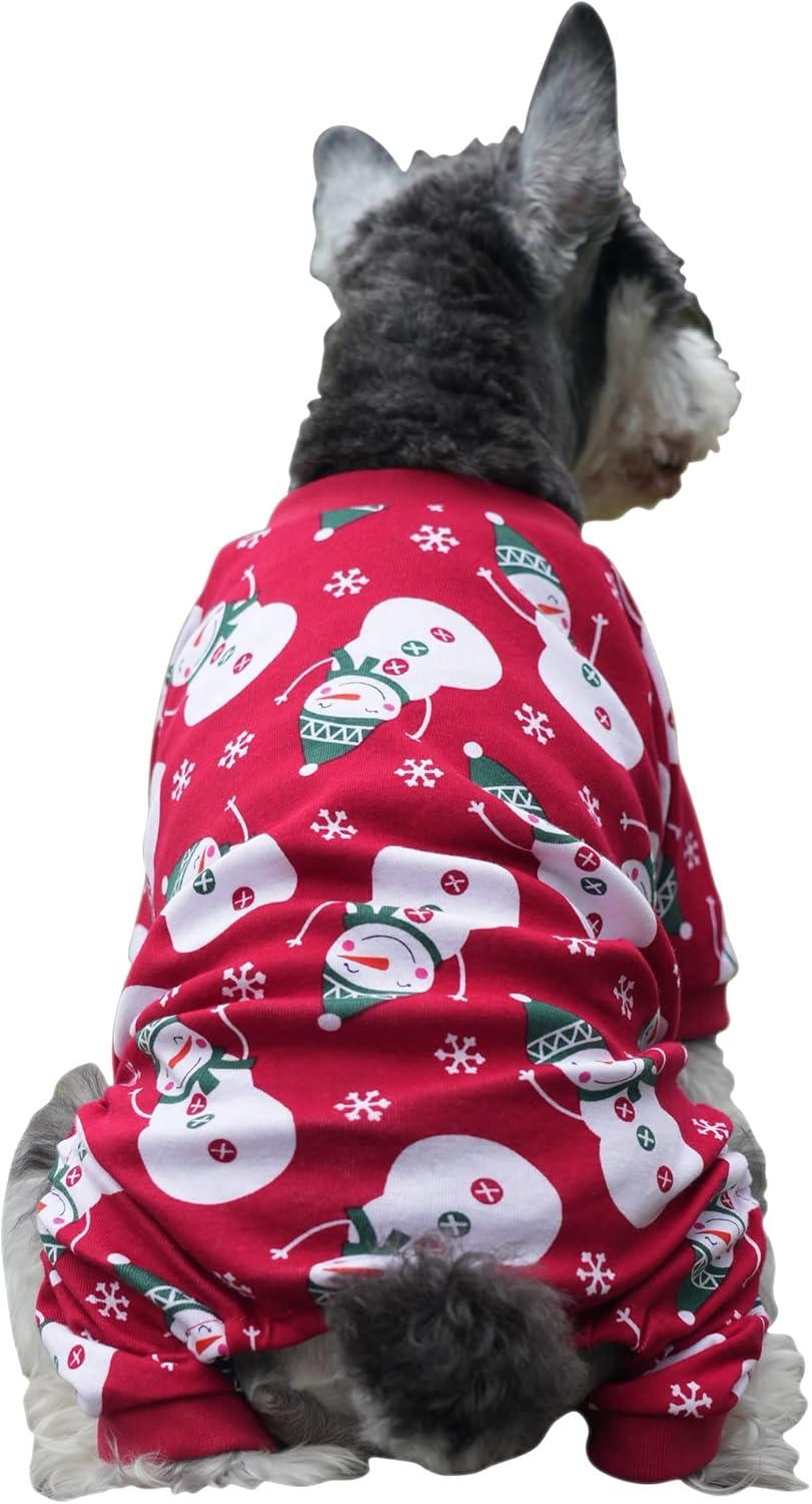 Lanyarco Cute Snowman Christmas Dog Pajamas, Soft Cotton Xmas Christmas Pajamas for Dogs Holiday Pet Clothes Onesie PJS, Red Medium Back Length 15" image number 3