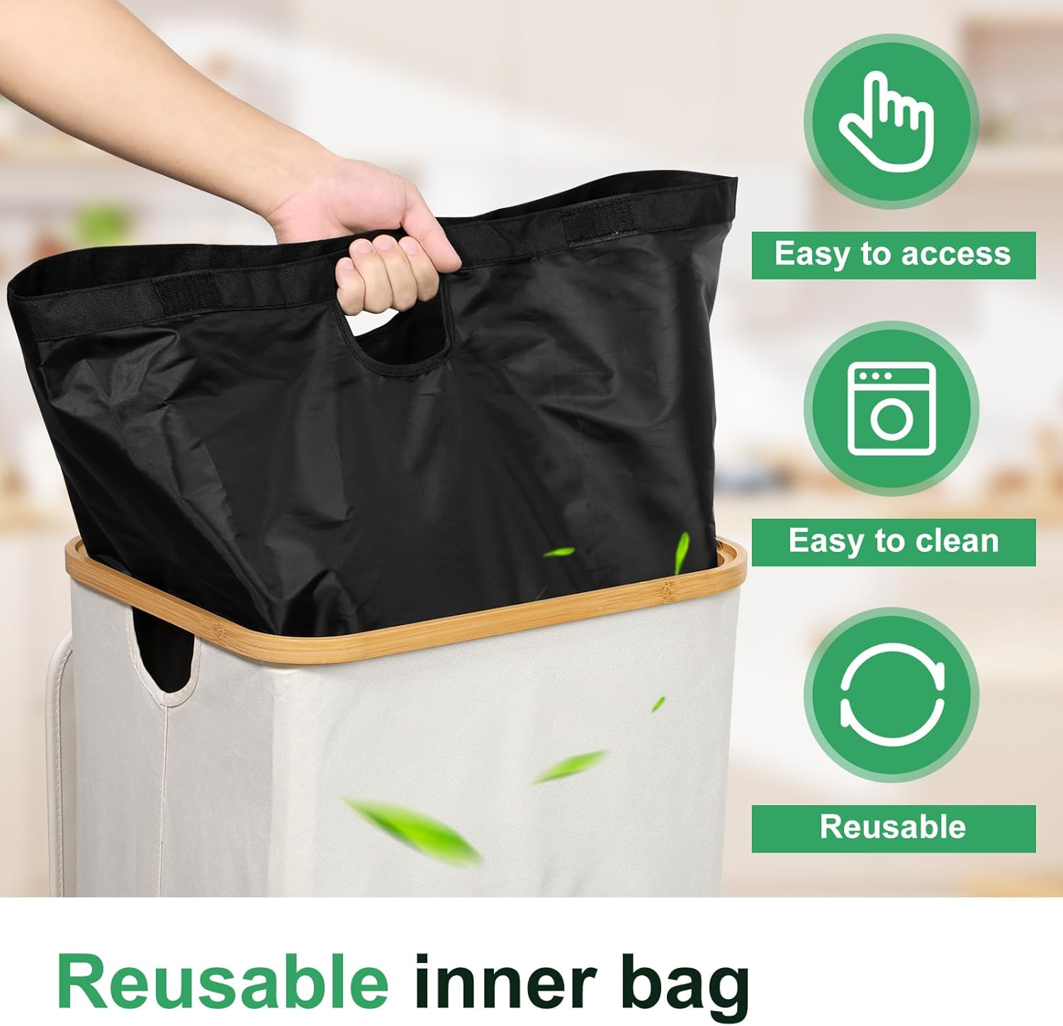 Awobepl Indoor Recycling Bin, 110L Capacity, White, Bamboo + Oxford Cloth, Foldable, Rectangular, Open-Top, Kitchen Laundry Room Recycle Bin