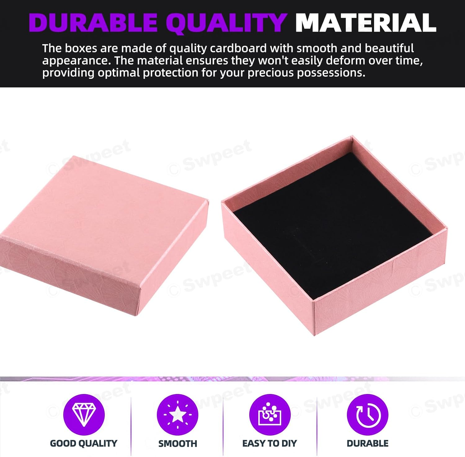 Swpeet 12Pcs Pink 3.5 X 3.5 X 1.2Inch Fan Pattern Cardboard Jewelry Gift Boxes with Scissors and Polyester Ribbon Assortment Kit, Necklace Earring Bracelet Boxes Gift Case for Jewelry Storage - Pink image number 3