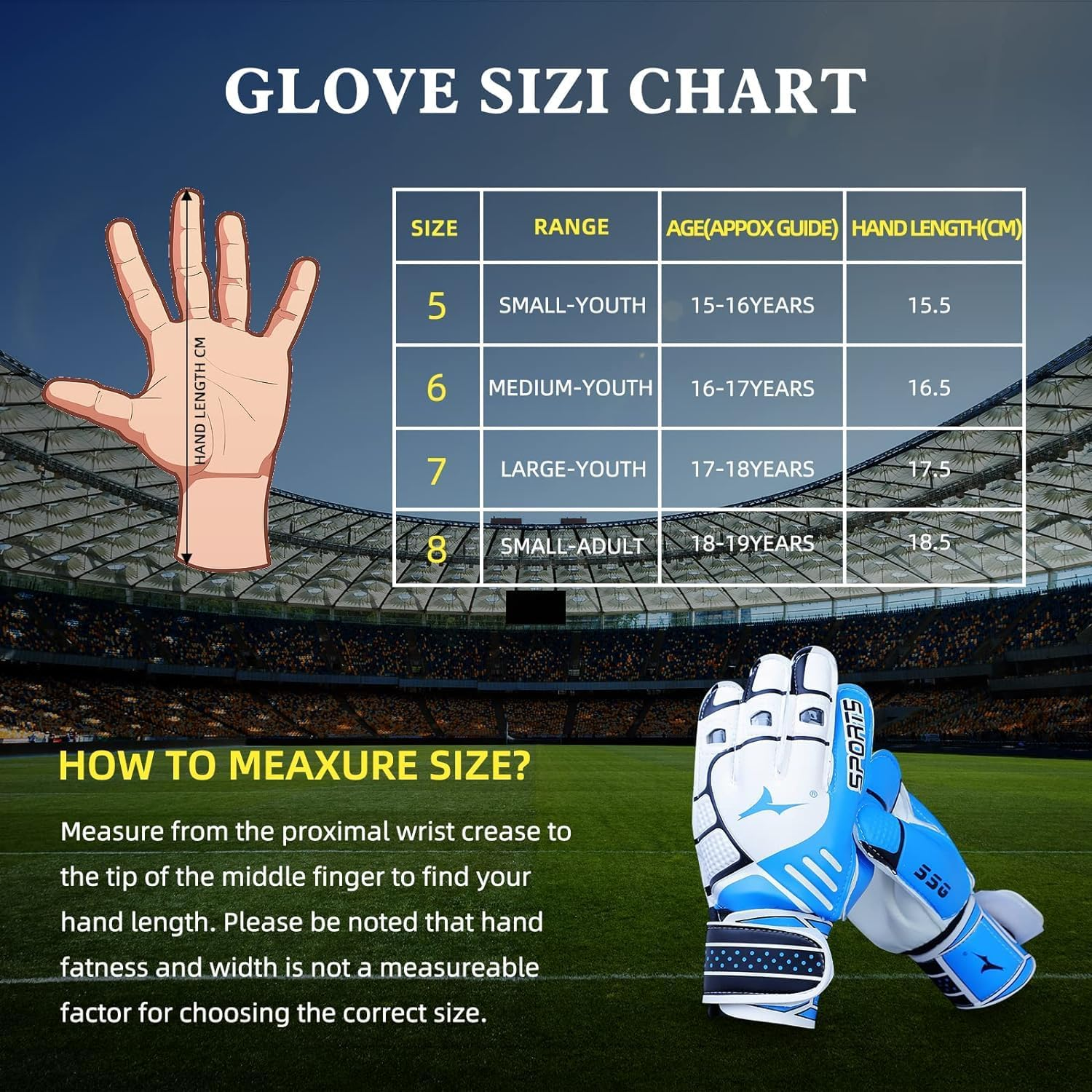 Goalie Gloves, Football Goalkeeper Gloves, Kids & Youth Football Goal Keeper Gloves Strong Grip for the Toughest Saves with Give Splendid Protection Double Layer Wrist Protection（Size 8）
