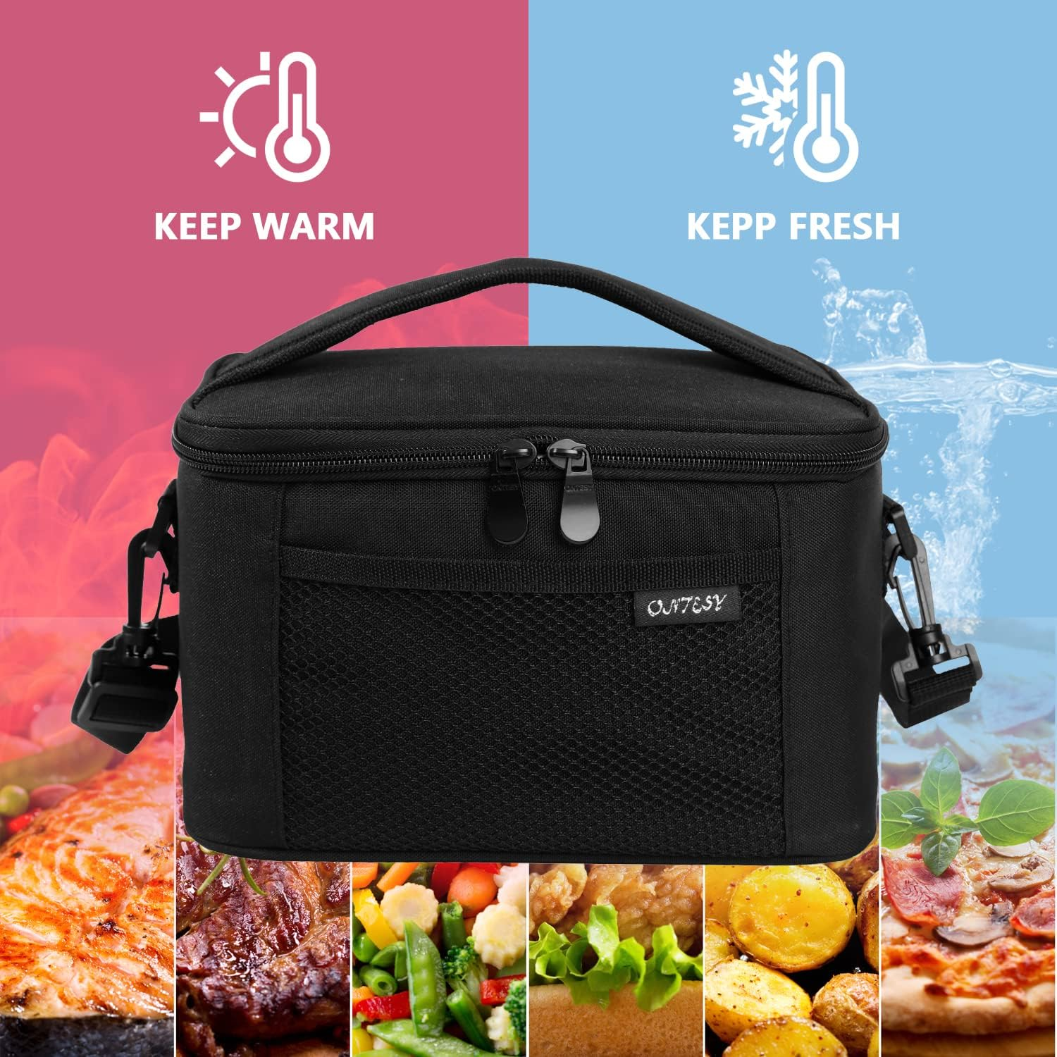 ONTESY Black Lunch Box for Men Women, Solid Color Insulated Bag for Work School Picnic Foldable Medium Size Leakproof Cooler for Kids Boys Girls with Adjustable Shoulder Strap for - 7.2L - Black image number 3