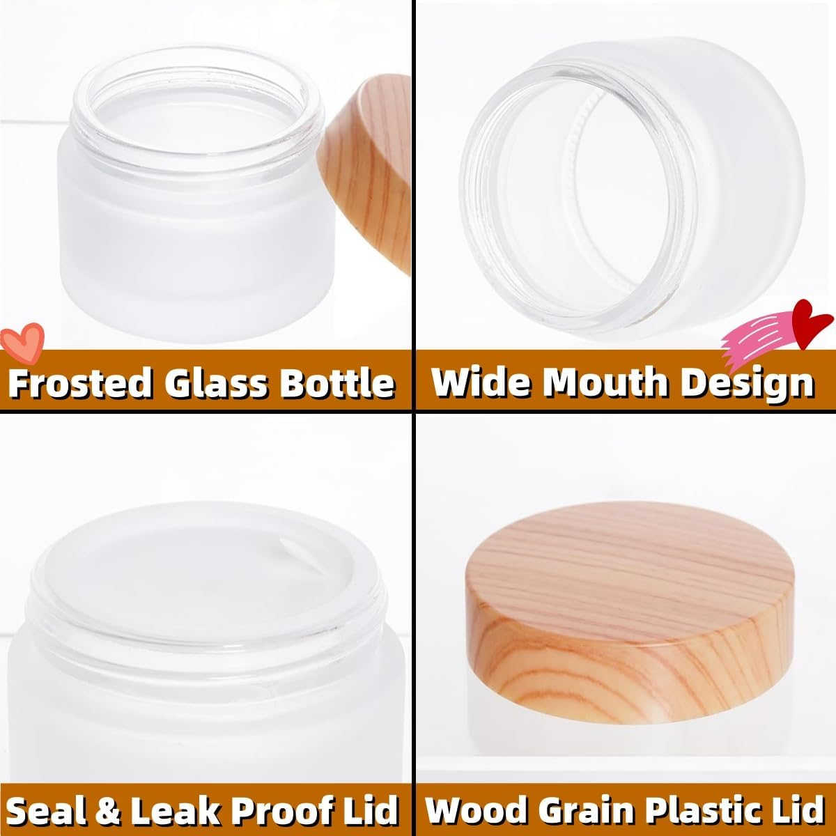 9PCS Glass Bottles, Glass Cosmetic Container with Lid, Refillable Matte Cosmetic Cream Jar round Small Wood Grain Lid, for Makeup, Lip Scrub, Body Lotion, Eye Cream Sample Diy(10G/Ml) image number 2