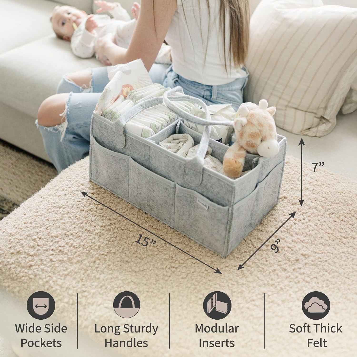 PUTSKA Baby Diaper Caddy Organizer - Nursery Storage Basket for Diaper Station, Baby Basket Shower Gift List and Registry Must-Have, Newborn Essentials, Nursery Decor for Boy or Girl - Grey, Large image number 2
