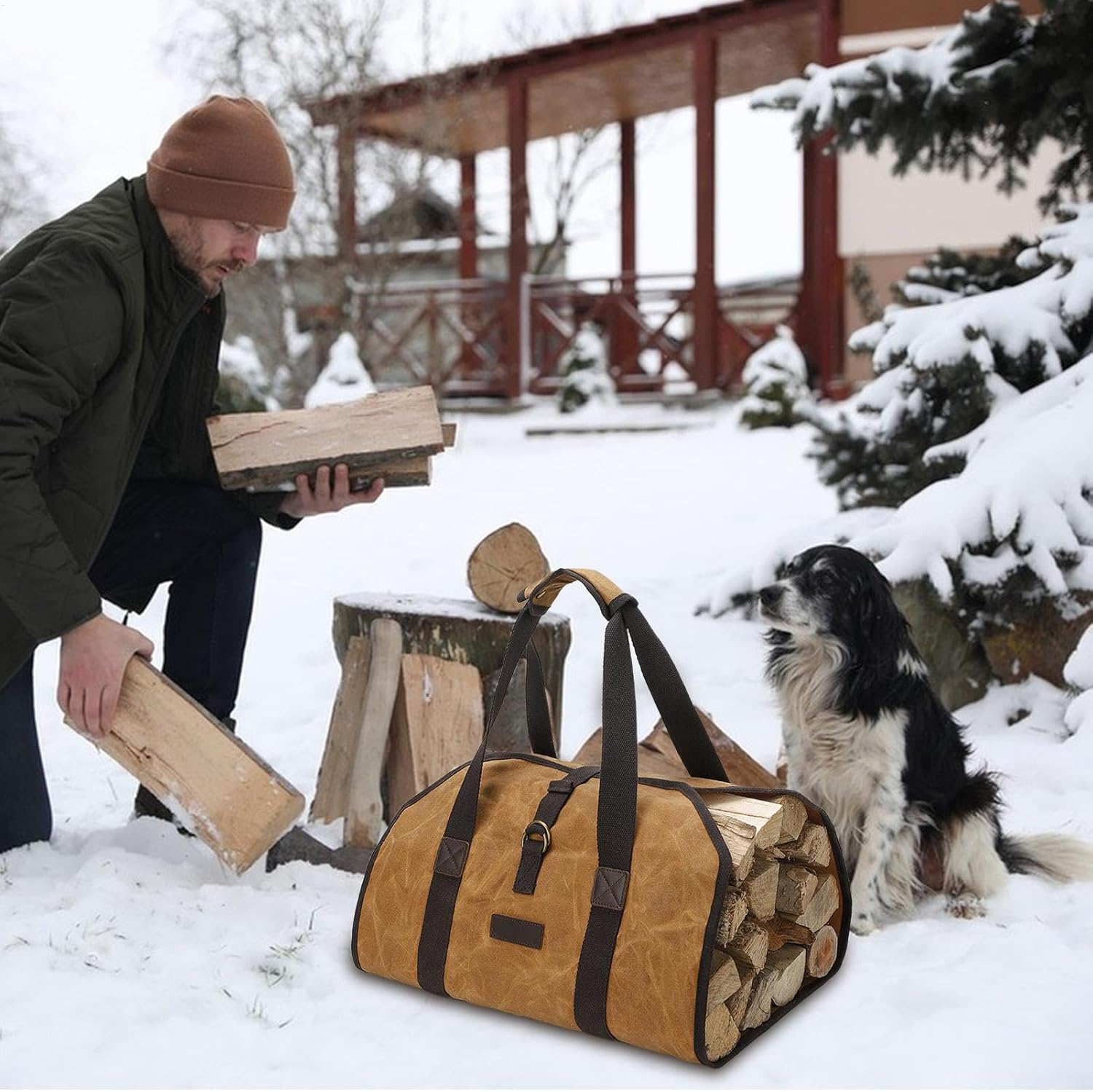 Firewood Carrier | Log Tote with Handles - Wood Stove Accessories, Firewood Holder, Water Resistant Canvas Shopping Bags for Easy Carrying image number 4