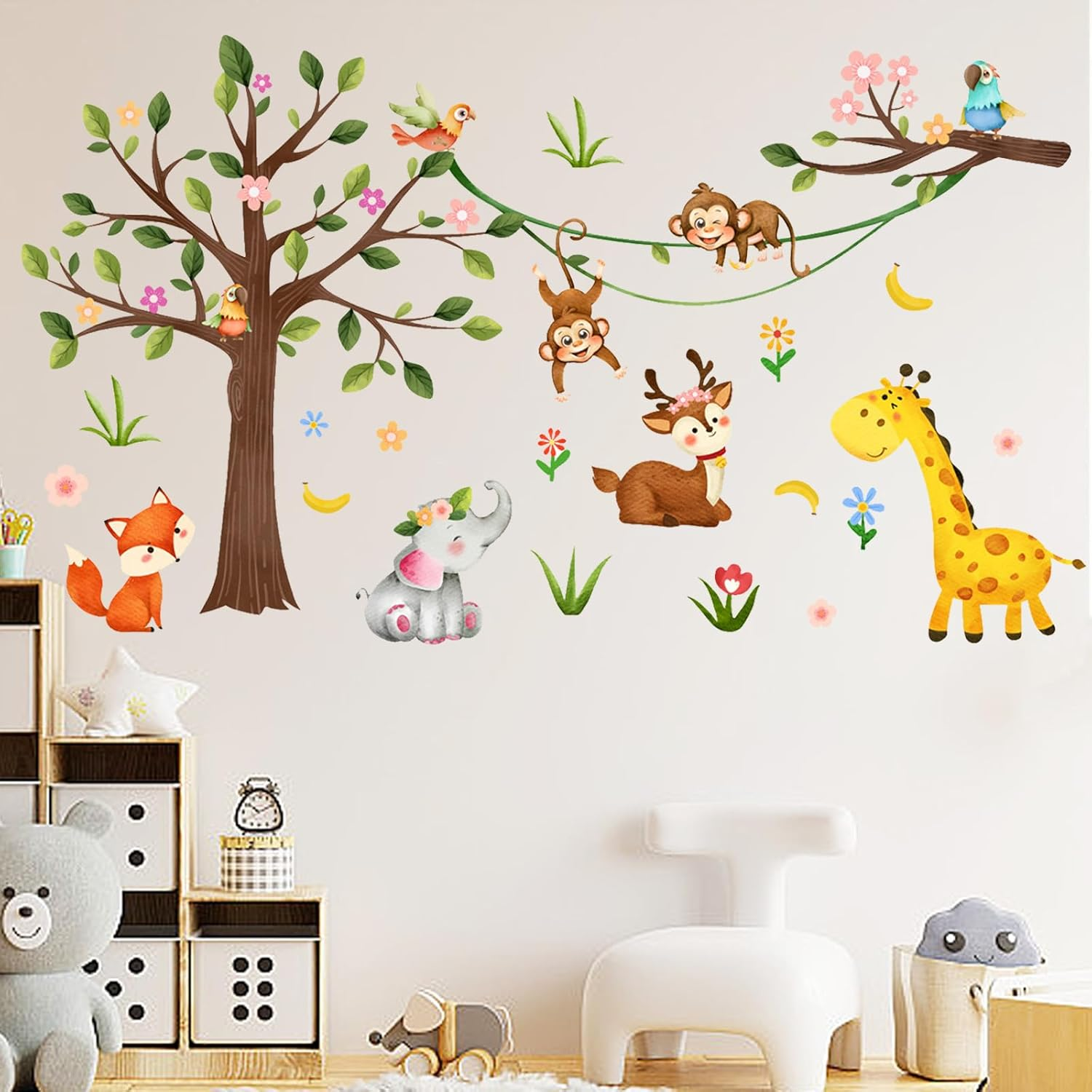 Buziba Wall Stickers Jungle Forest Animals Woodland Tree Monkey Elephant Giraffe Wall Decals Nursery Bedroom Living Room Wall Decoration image number 4